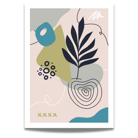Nordisk abstrakt plakat med botaniske former i blå, grønne og beige toner