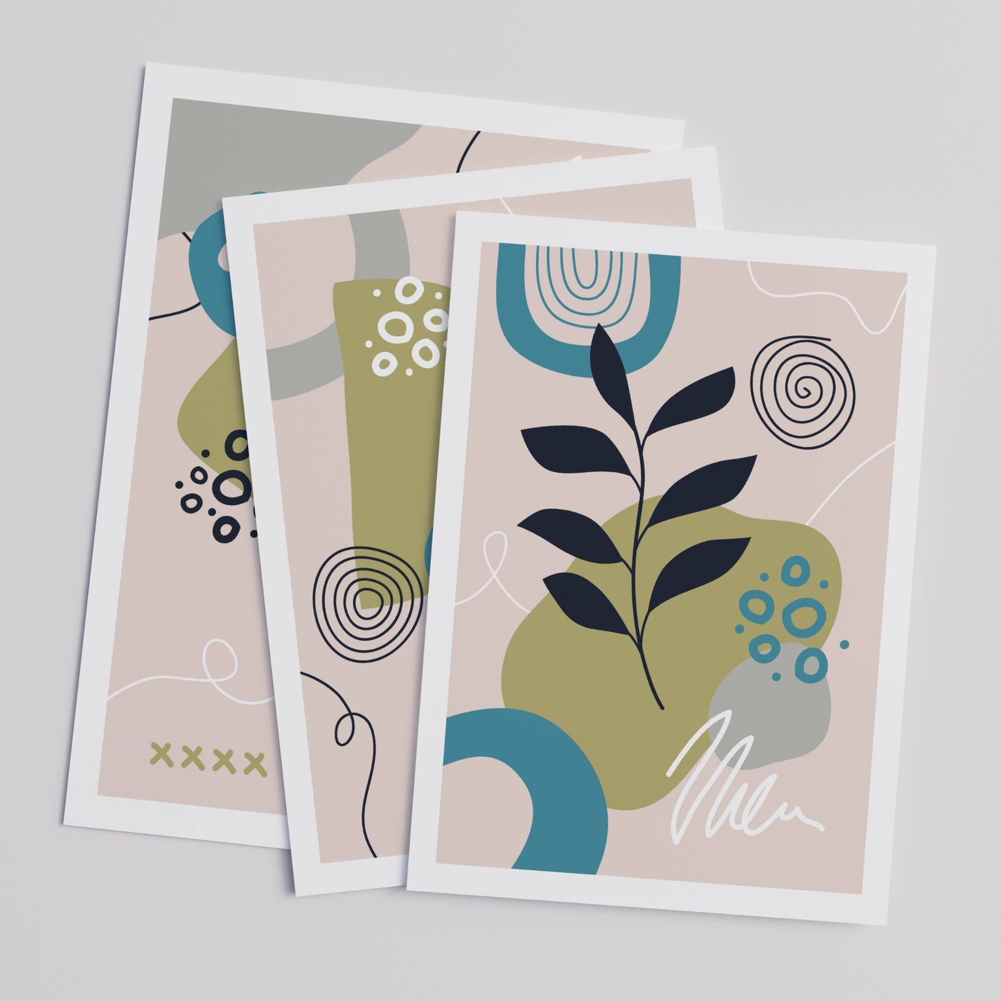 Plakatsett med tre abstrakte botaniske motiver i nordisk stil