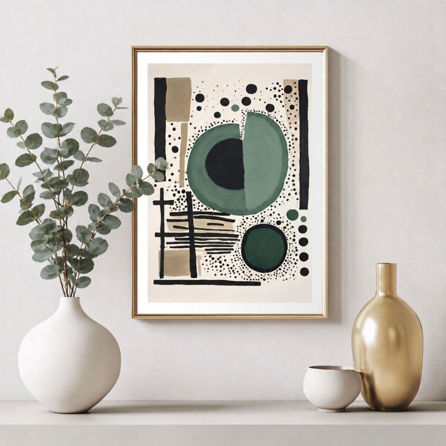 Nordisk Sirkelspill plakat med organiske former stylet med eukalyptus og dekorative vaser