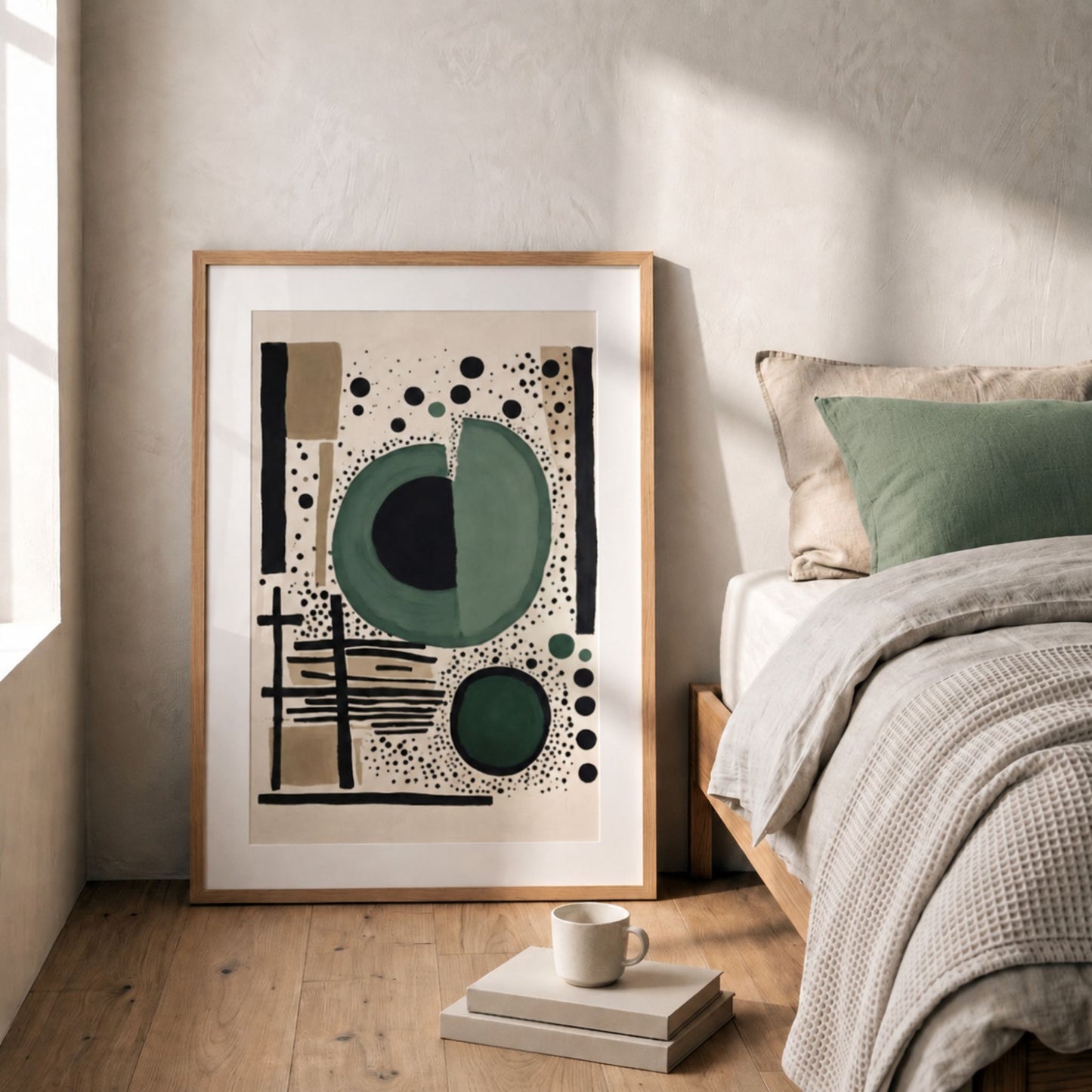 Nordisk Sirkelspill plakat lent mot vegg ved seng i lyst soverom