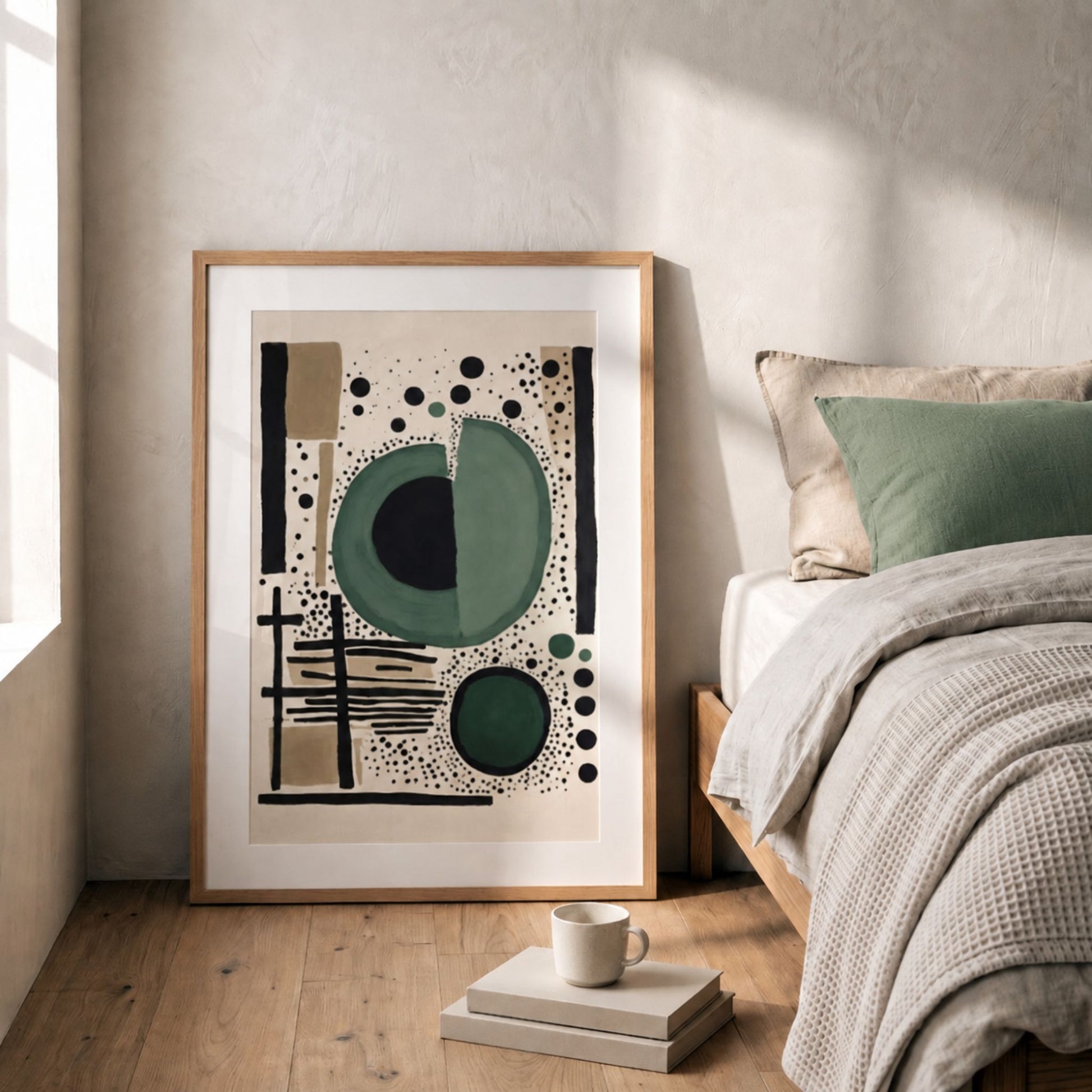 Nordisk Sirkelspill plakat lent mot vegg ved seng i lyst soverom
