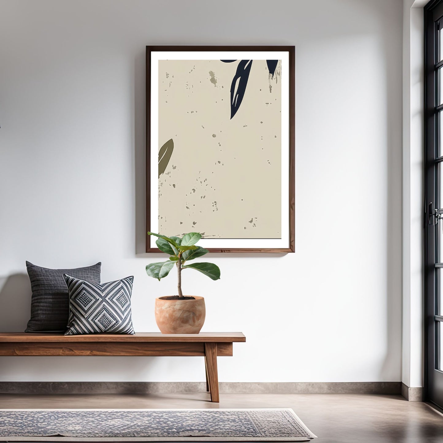 Olive Grove Art No1 botanisk veggkunst i moderne stue med trebenk