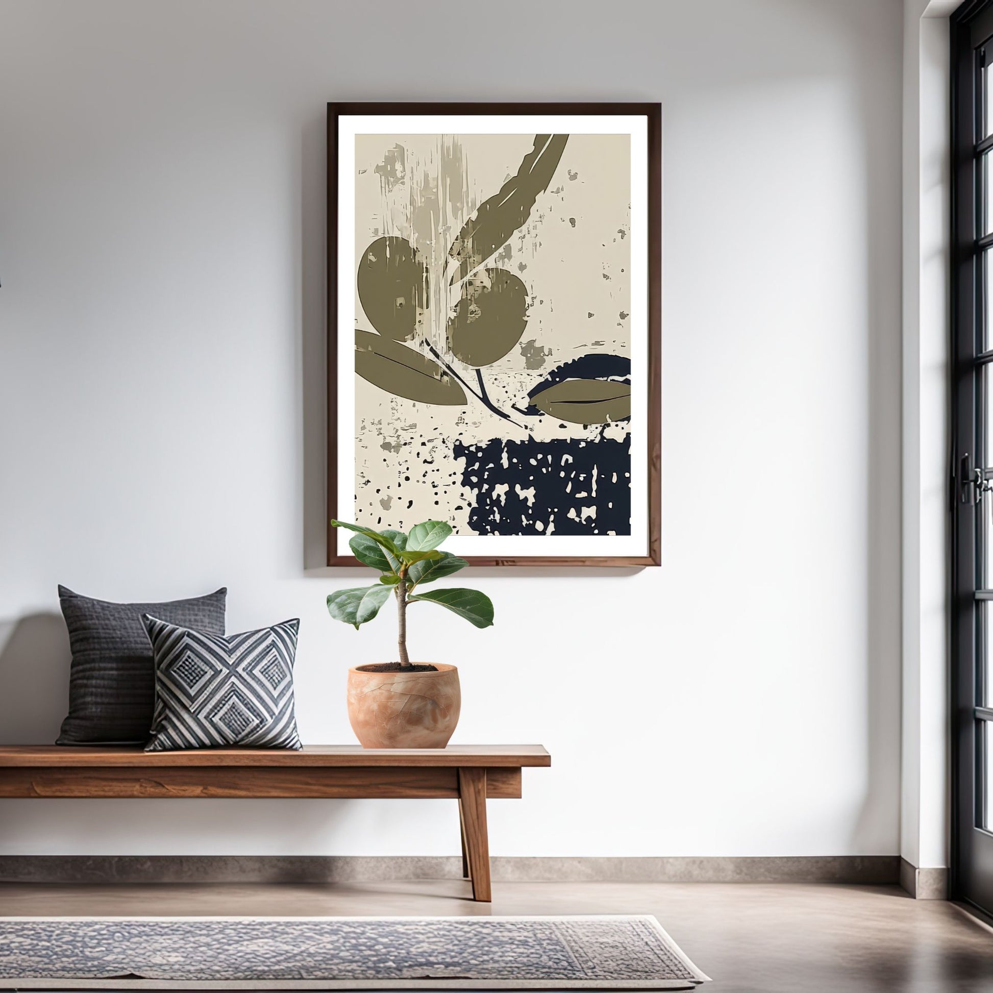 Olive Grove Art No2 botanisk plakat i moderne stue med trebenk