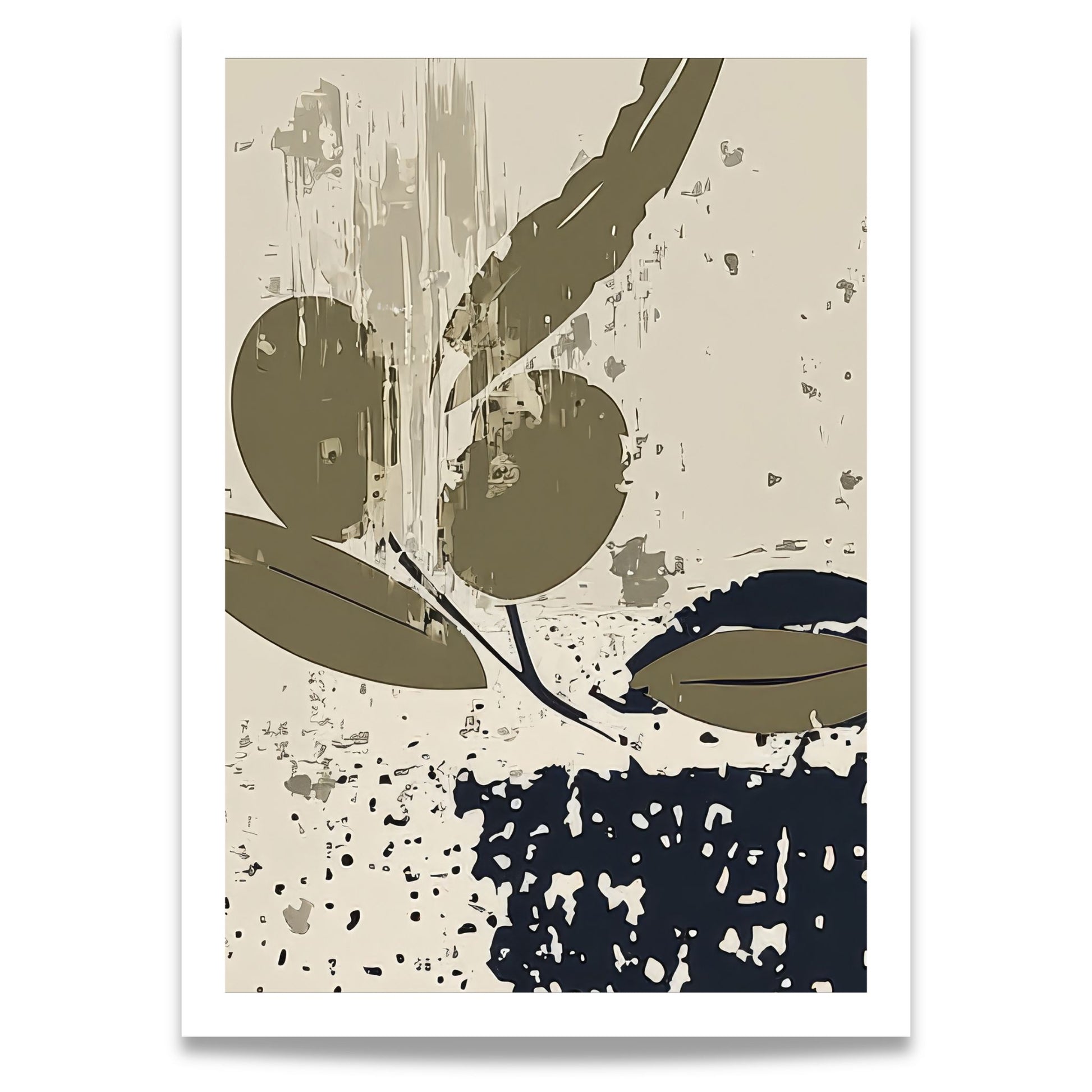 Olive Grove Art No2 plakat med olivengrener og abstrakte former i jordtoner
