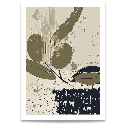 Olive Grove Art No2 plakat med olivengrener og abstrakte former i jordtoner