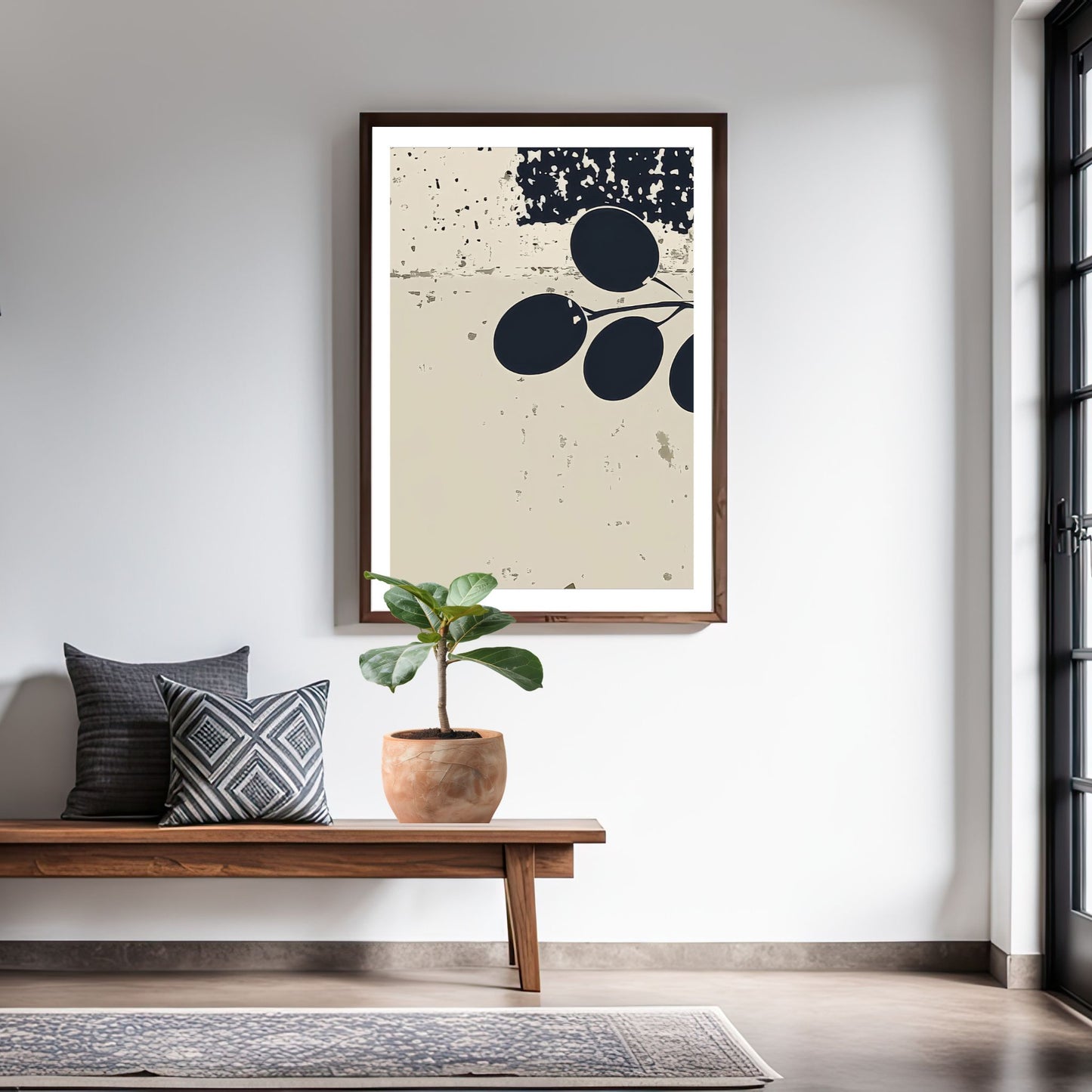 Olive Grove Art No3 plakat med olivengren i moderne stue med trebenk