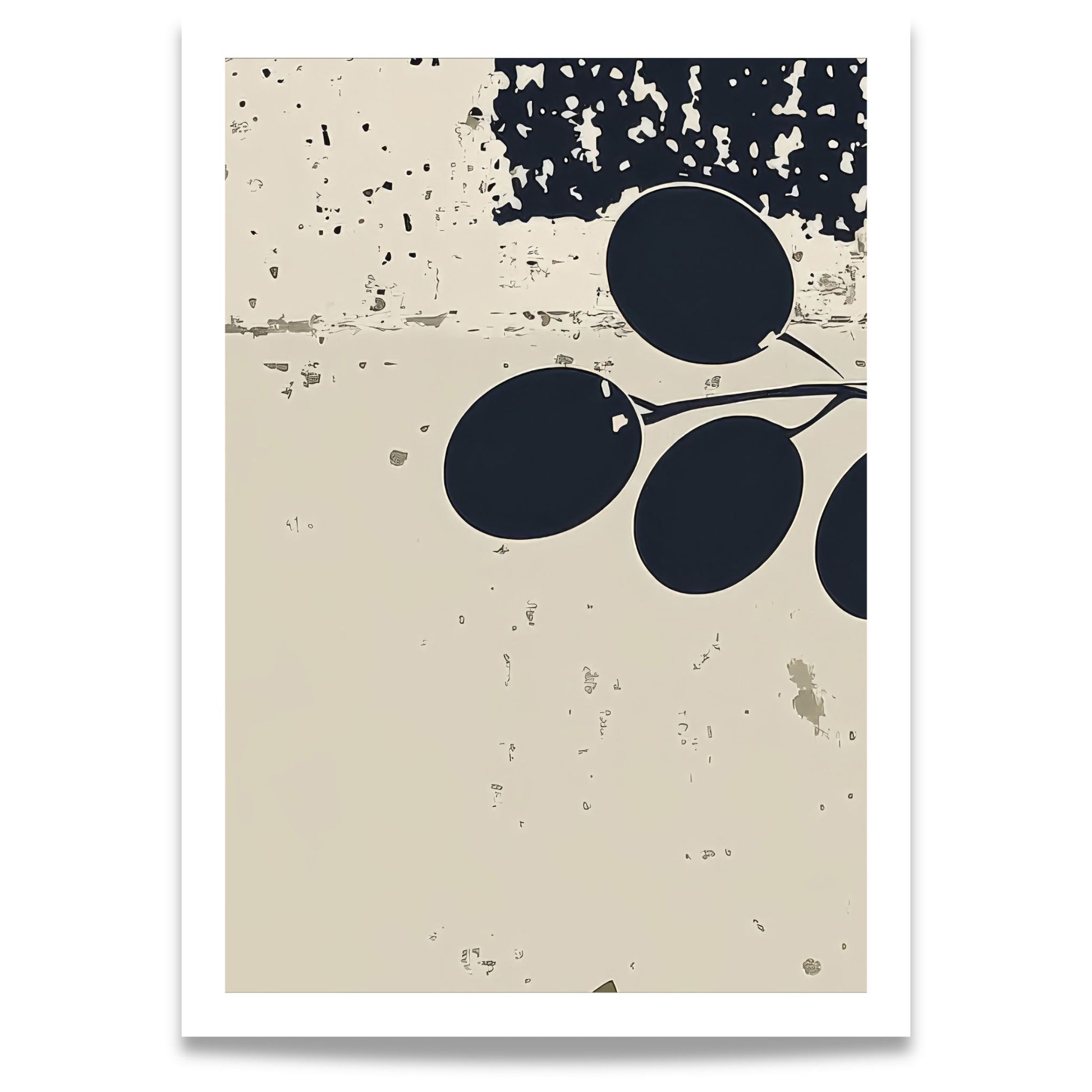 Olive Grove Art No3 plakat med stilisert olivengren i beige og mørkeblå toner