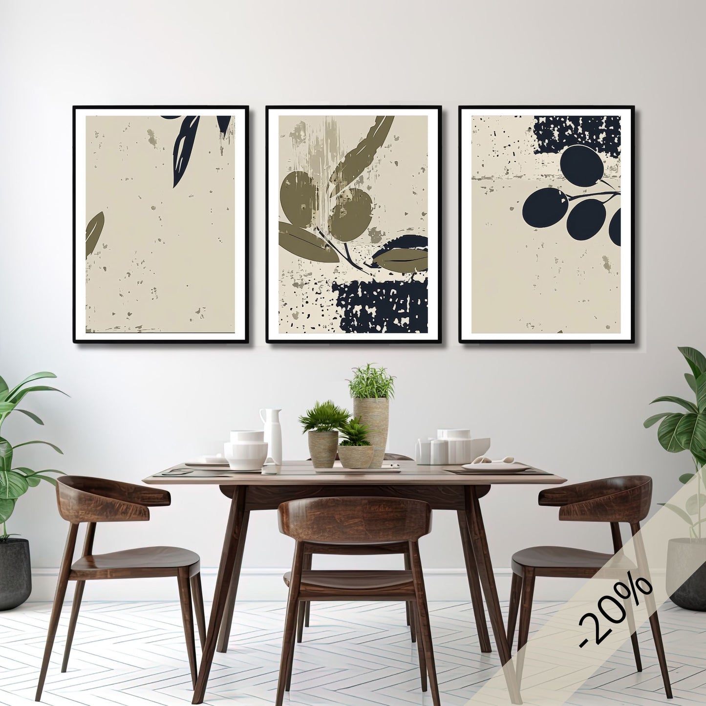 Olive Grove Art Trio med tre botaniske plakater inspirert av olivengrener og middelhavets farger