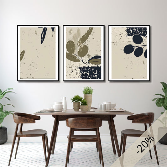 Olive Grove Art Trio med tre botaniske plakater inspirert av olivengrener og middelhavets farger