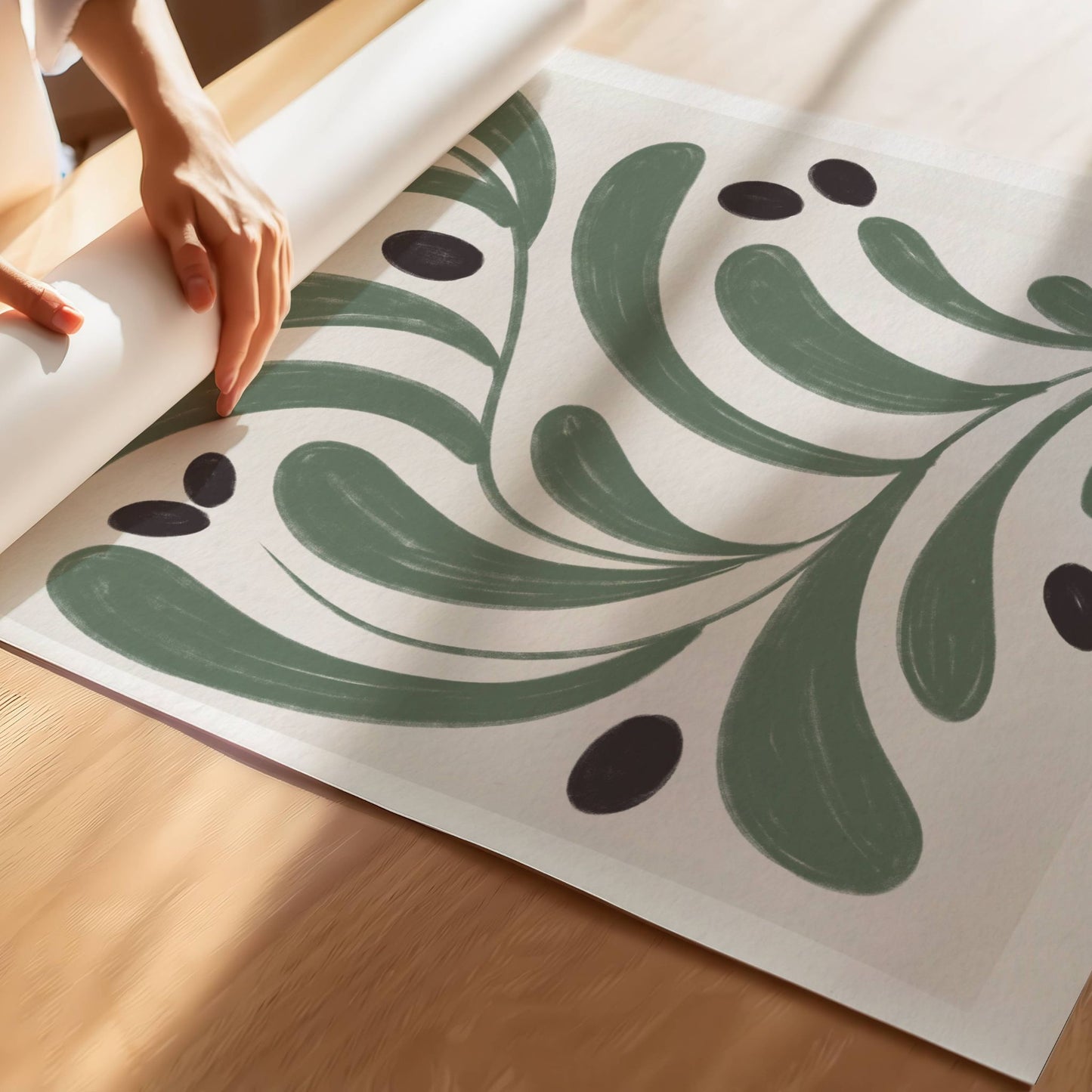 Nærbilde av Olivenblad botanisk plakat med håndtegnet bladmotiv