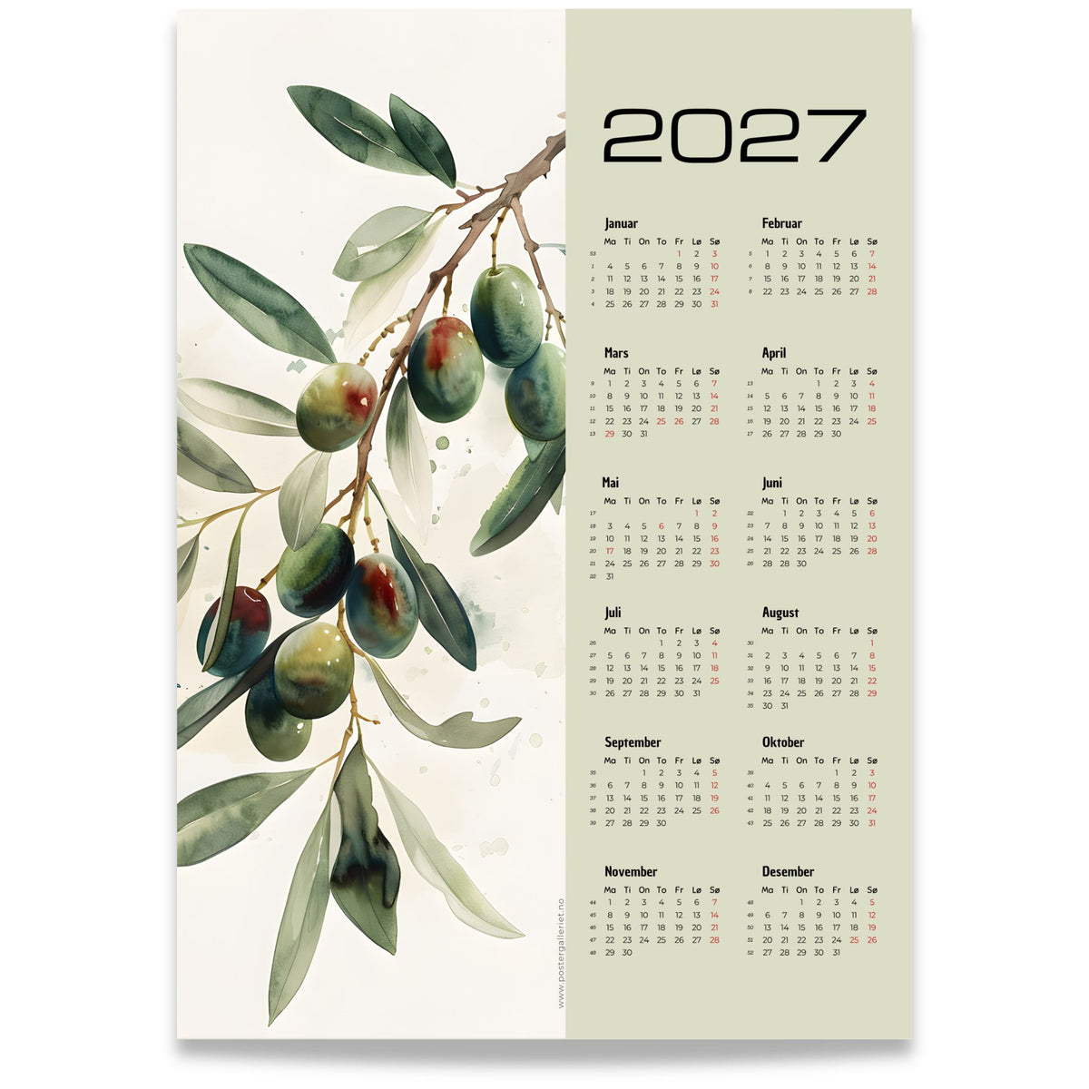 Olivengren illustrert veggkalender 2027 med akvarellmotiv og årsoversikt