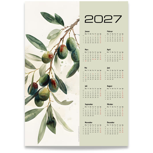 Olivengren illustrert veggkalender 2027 med akvarellmotiv og årsoversikt