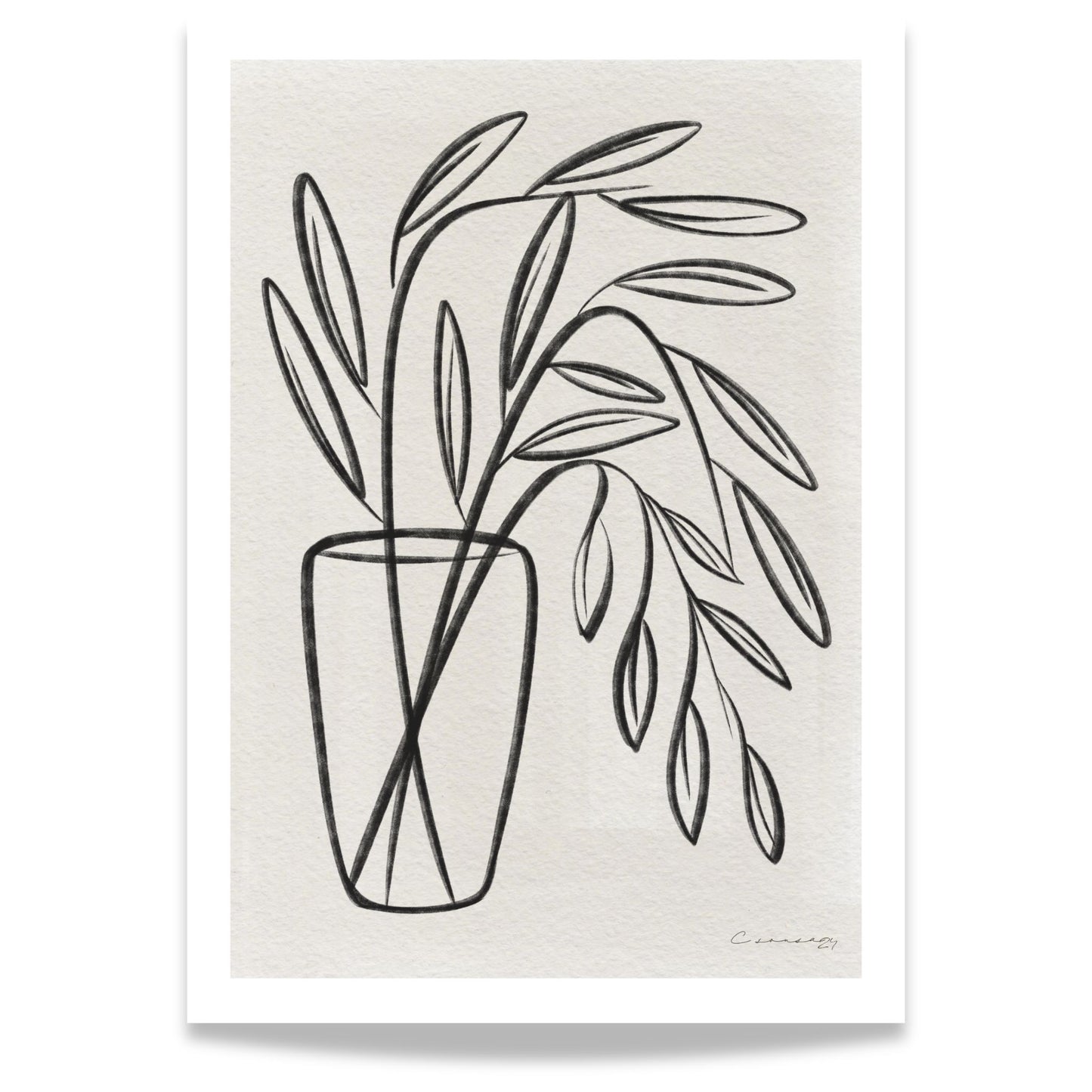 Olivengren minimalistisk line art plakat med stilisert botanisk motiv i vase