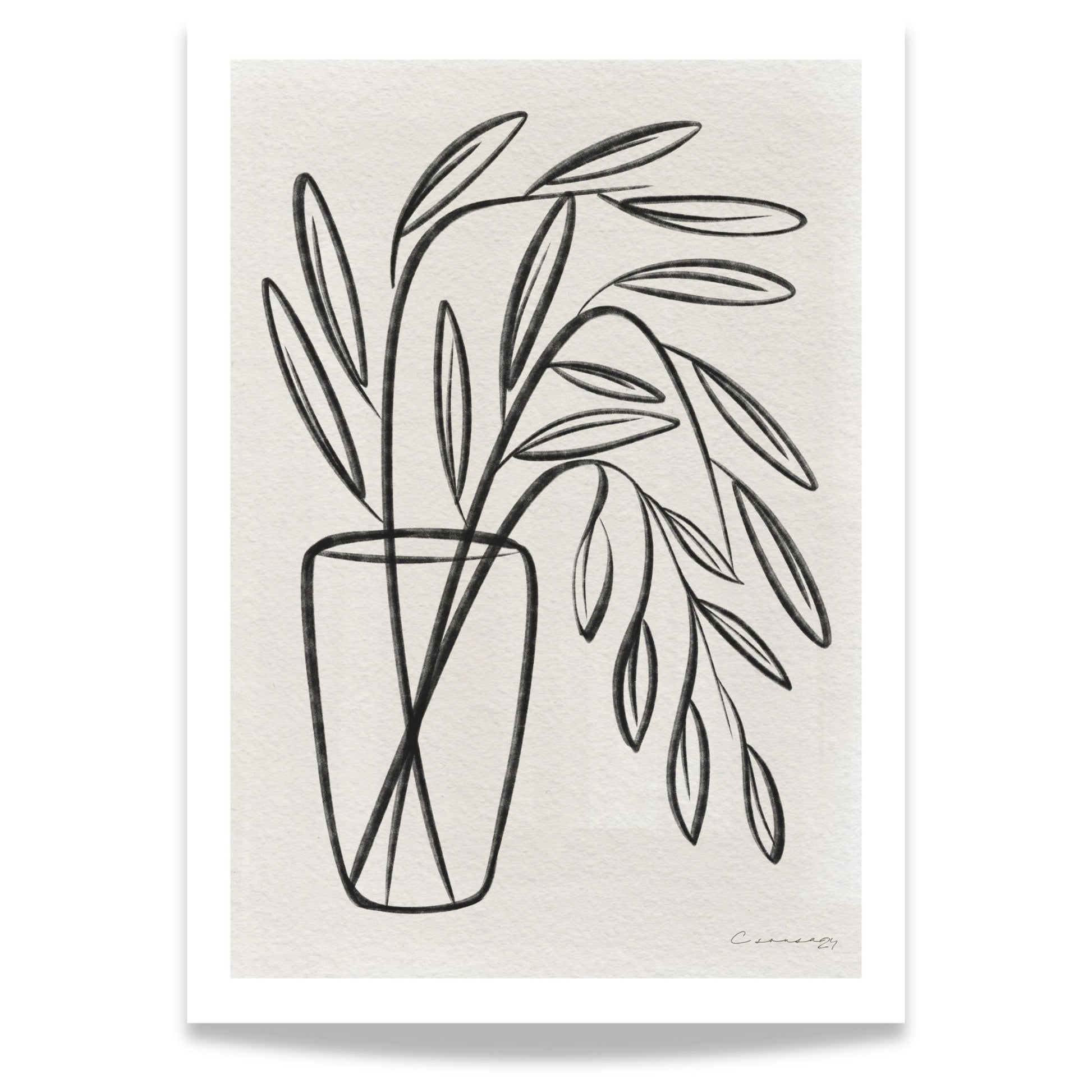 Olivengren minimalistisk line art plakat med stilisert botanisk motiv i vase
