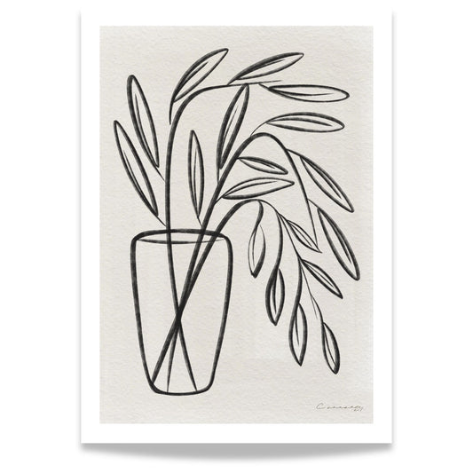 Olivengren minimalistisk line art plakat med stilisert botanisk motiv i vase