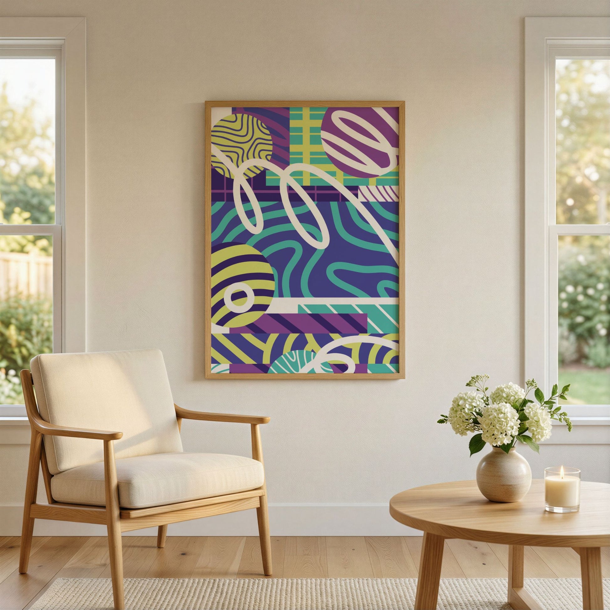 Color Rhythm abstrakt plakat i eikeramme i lyst nordisk interiør