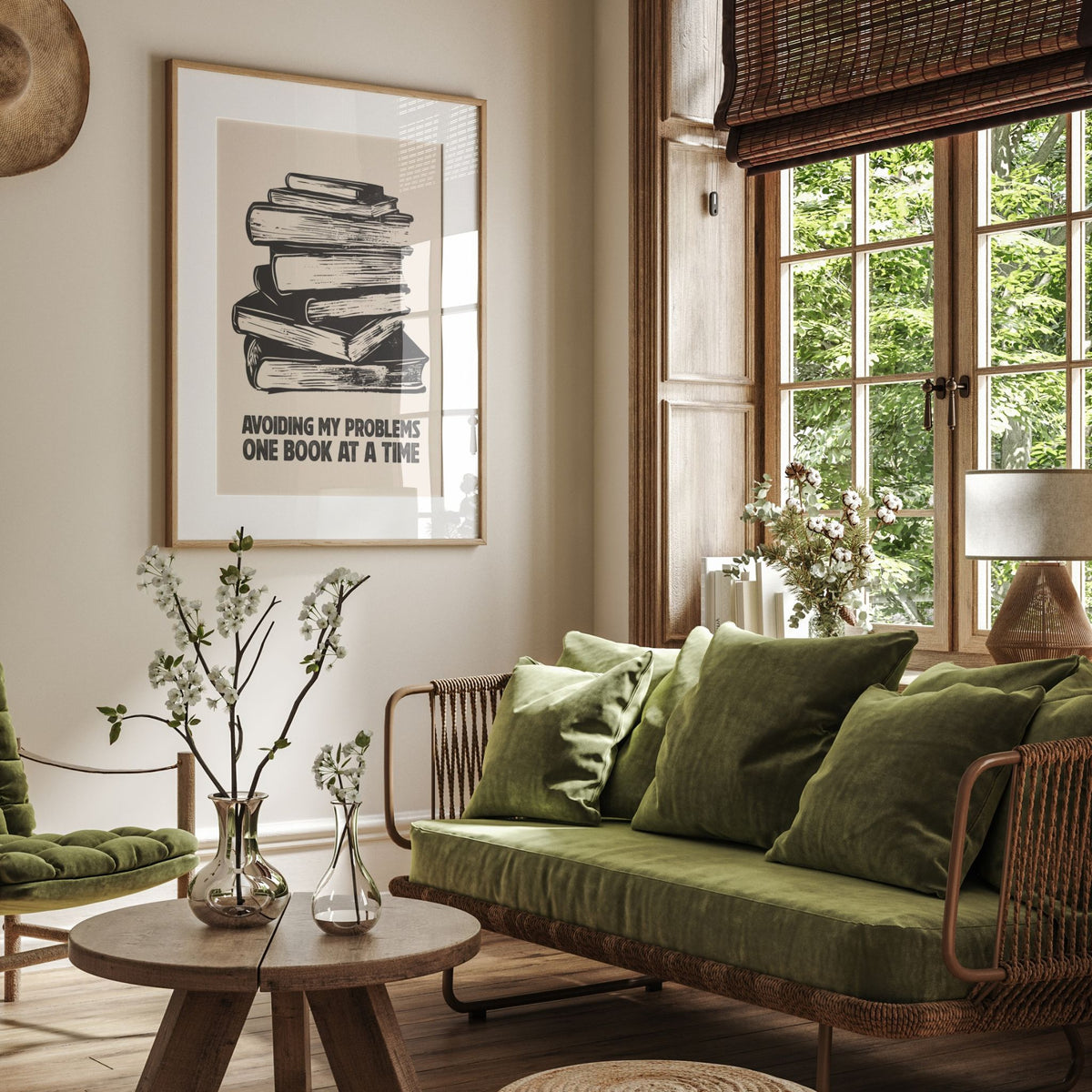 One Book at a Time bokplakat i lun stue med grønn sofa og klassiske detaljer