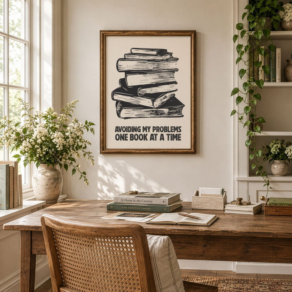 One Book at a Time kunstplakat over skrivebord i varm og eklektisk lesekrok