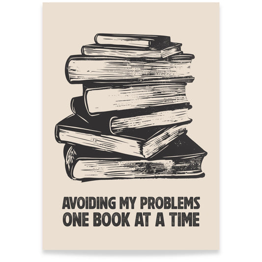 One Book at a Time kunstplakat med illustrasjon av bøker og humoristisk tekst