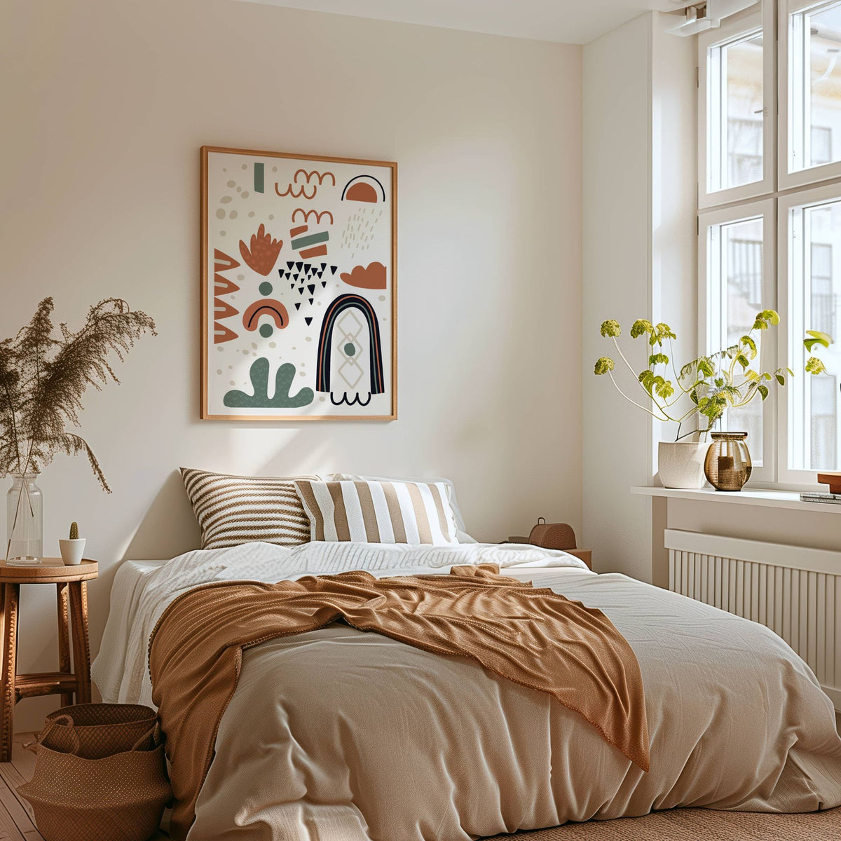 Open Rhythm lys grafisk plakat i eikeramme på veggen i lyst soverom