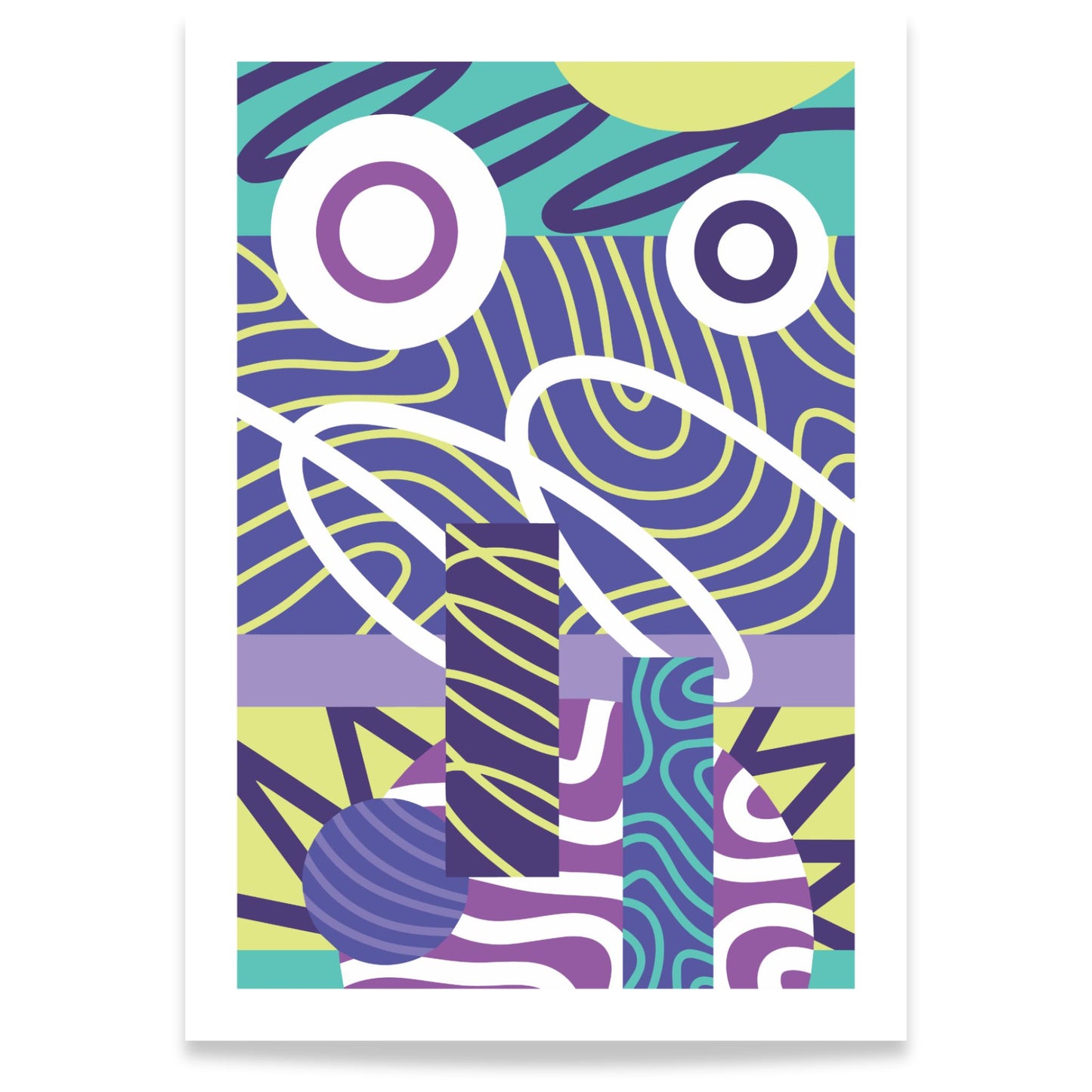 Orbit flow abstrakt plakat med sirkler og grafiske linjer i lilla og turkis. 21x30