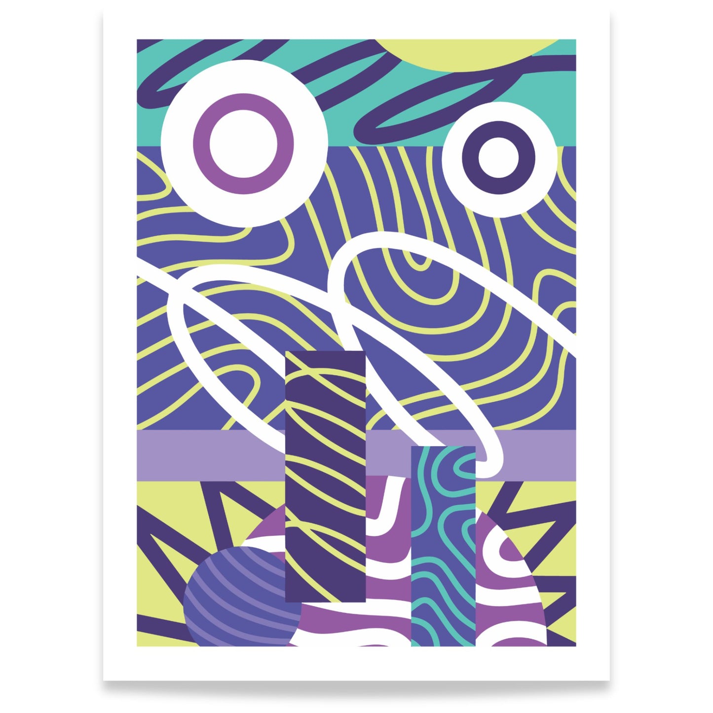 Orbit flow abstrakt plakat med sirkler og grafiske linjer i lilla og turkis. 30x40