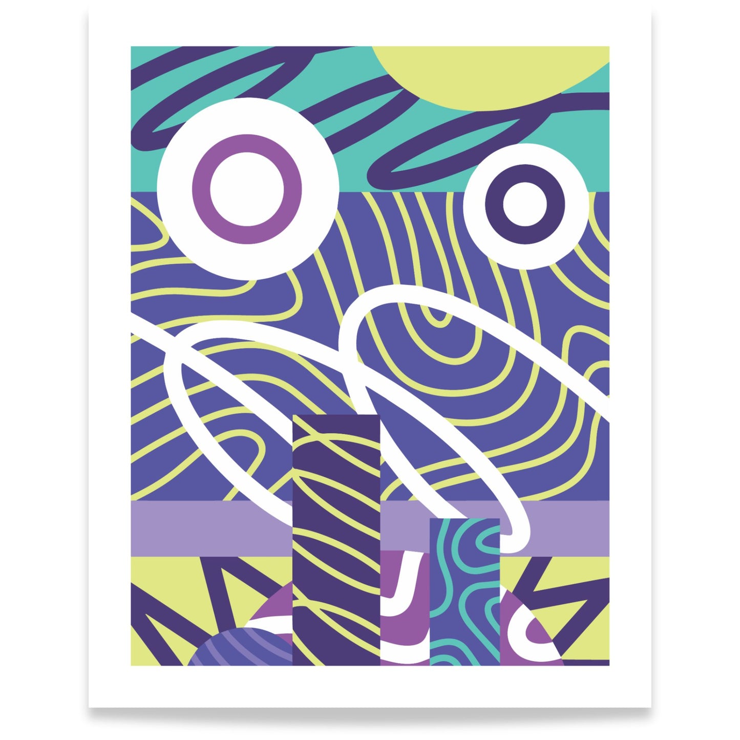 Orbit flow abstrakt plakat med sirkler og grafiske linjer i lilla og turkis.  40x50