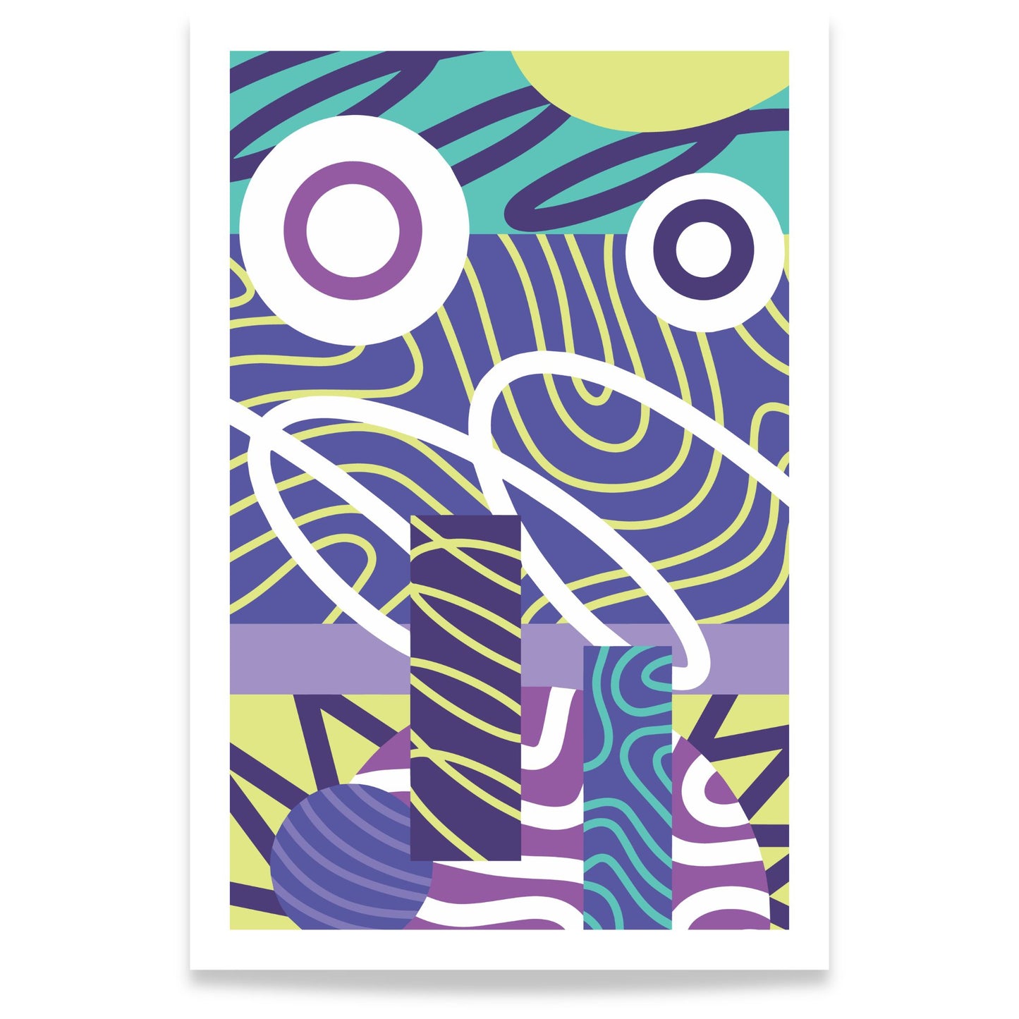 Orbit flow abstrakt plakat med sirkler og grafiske linjer i lilla og turkis. 80x120