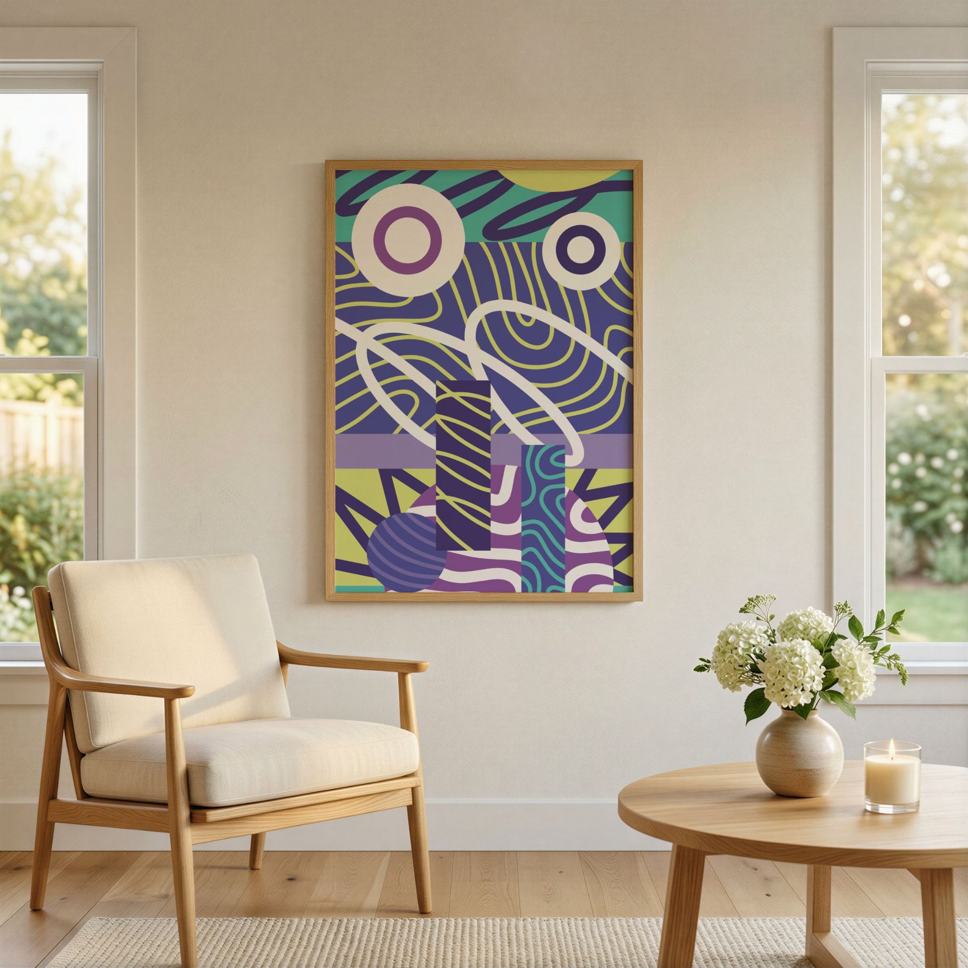 Orbit flow grafisk abstrakt plakat i lys nordisk stue