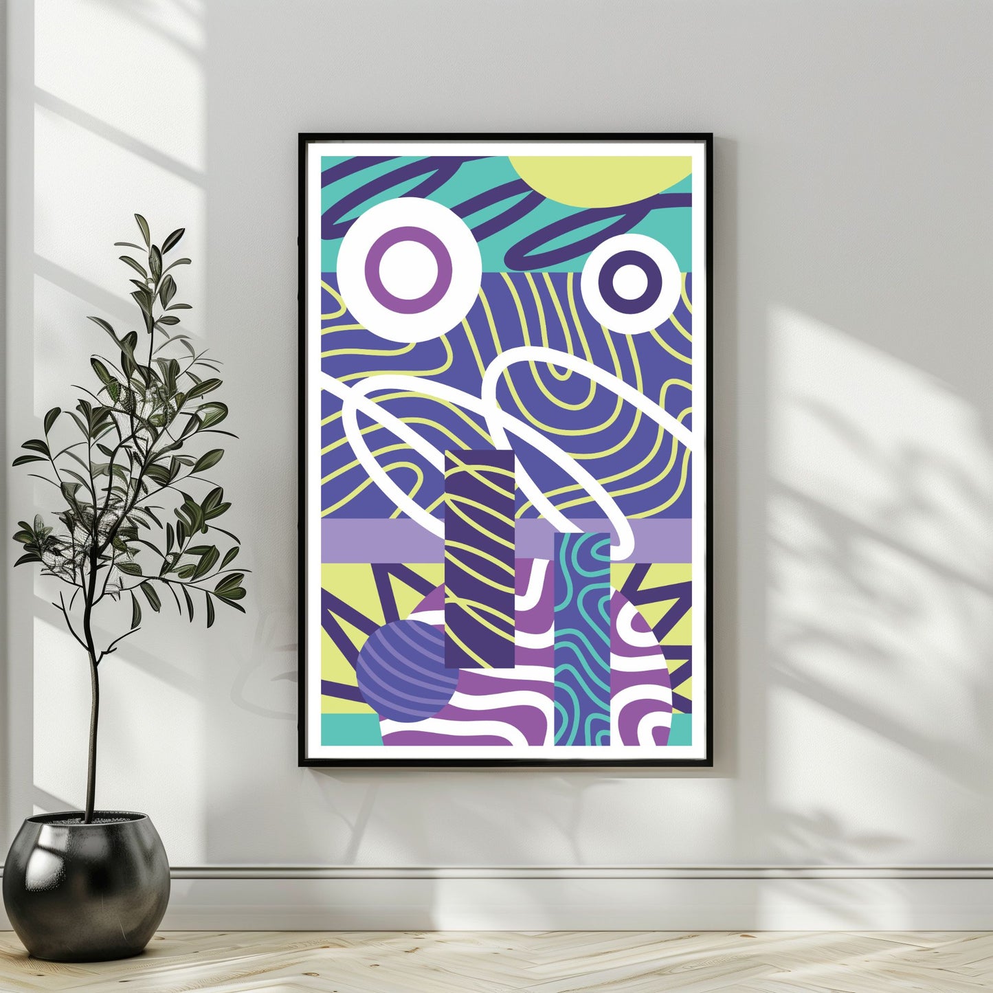 Orbit flow abstrakt plakat i sort ramme ved plante i moderne interiør