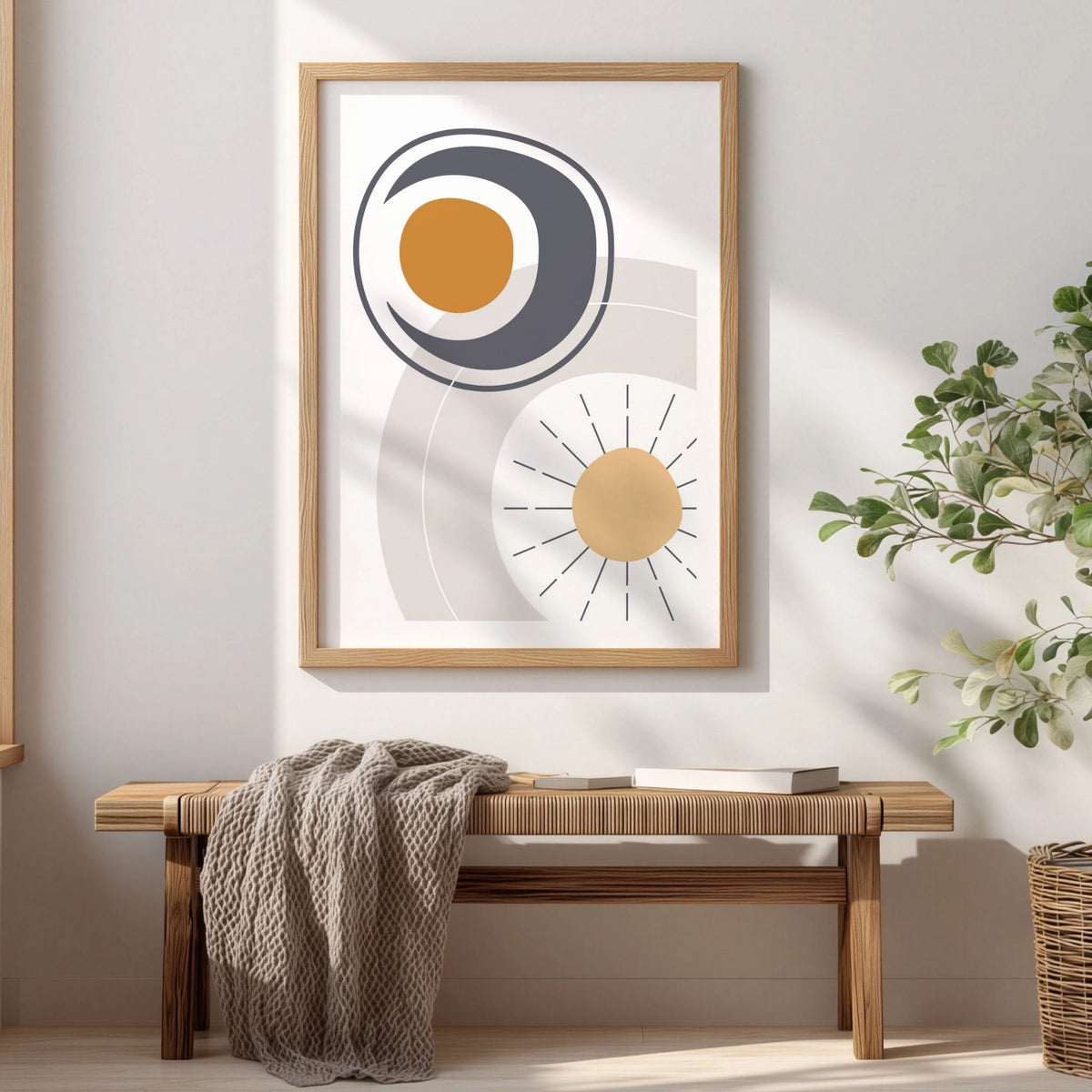 Orbital Flow Boho Wall Art-plakat i eikeramme over trebenk i lyst interiør