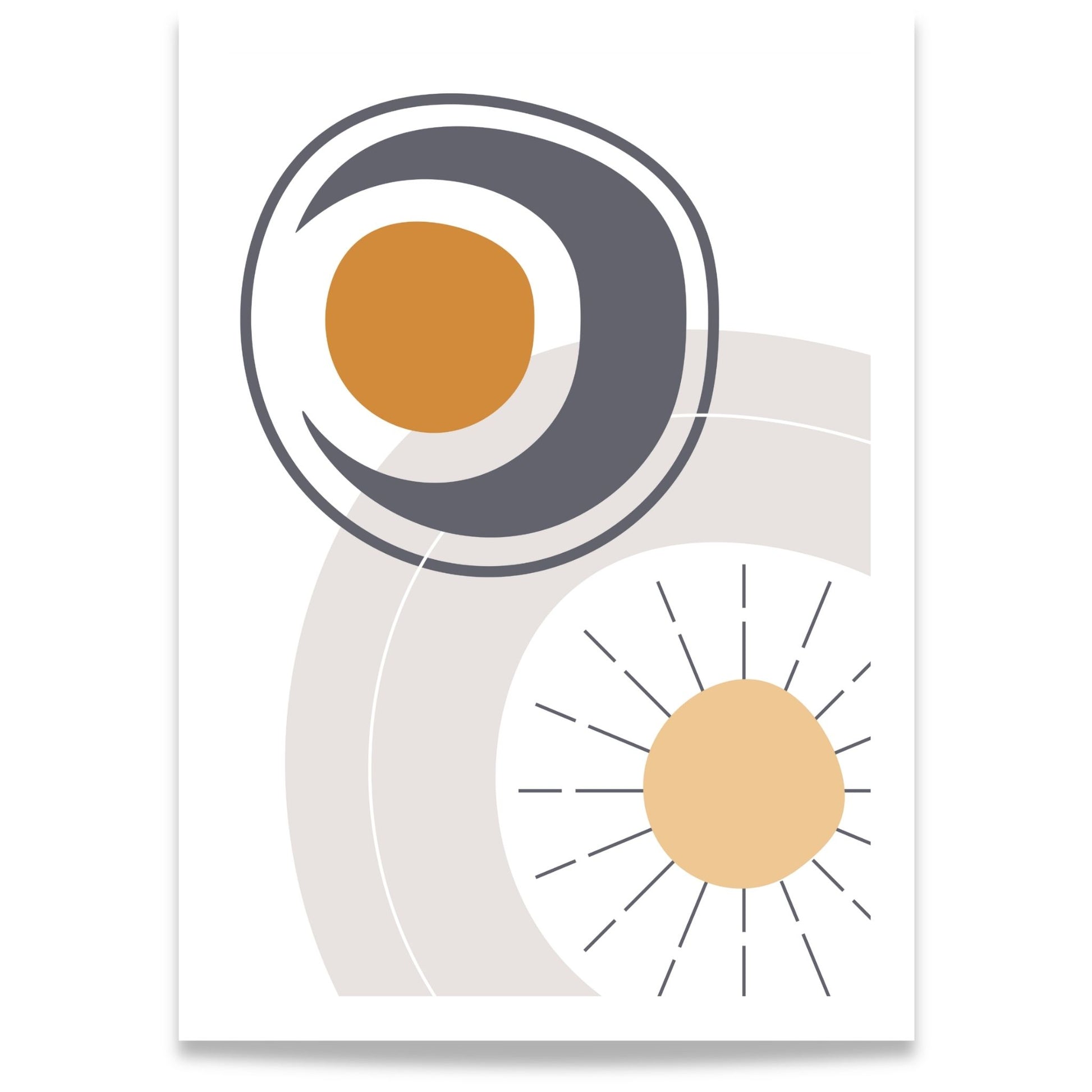 Orbital Flow grafisk Boho Wall Art-plakat med organiske former i oker, sand og mørk grå