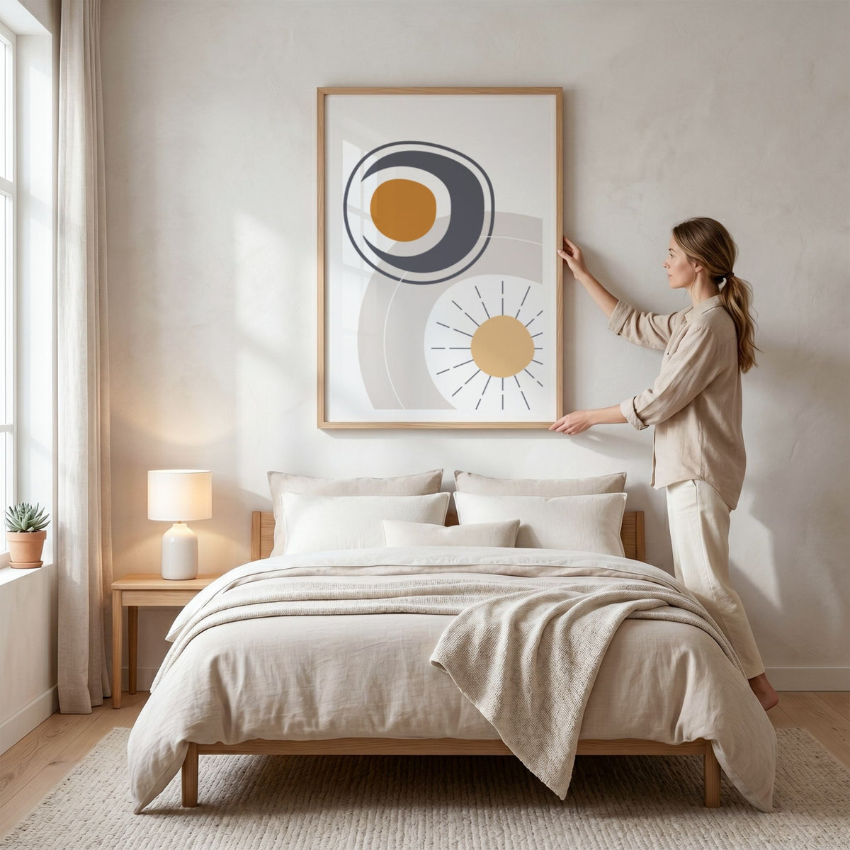 Orbital Flow Boho Wall Art-plakat i eikeramme over seng i lyst soverom