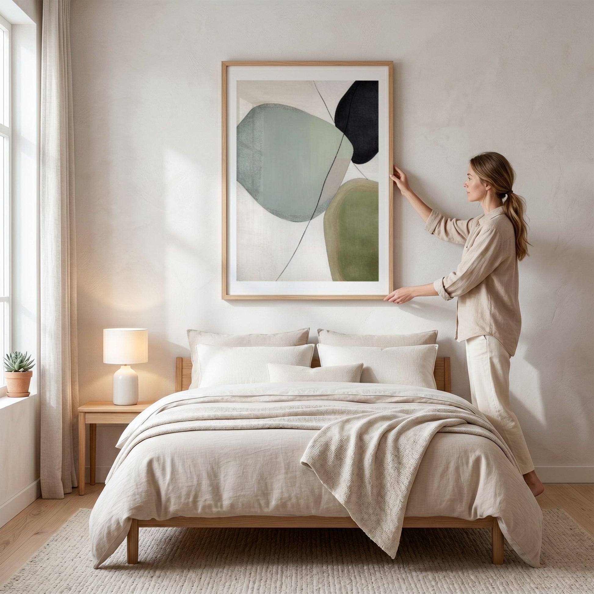Organic Flow grafisk plakat over seng som viser motivets størrelse og harmoniske uttrykk.