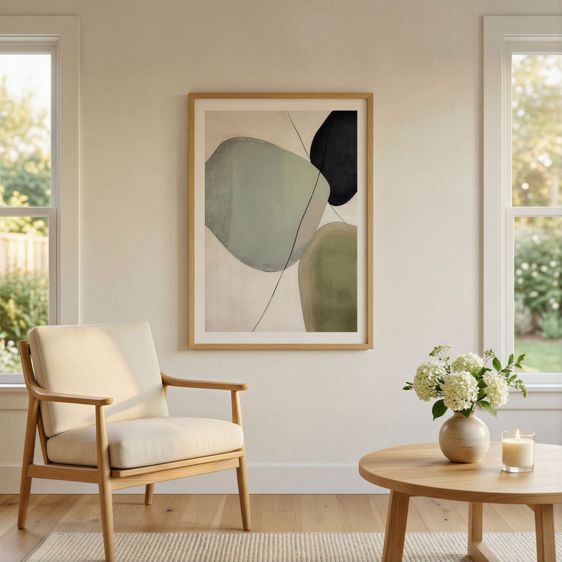 Organic Flow moderne grafisk plakat i lys stue med skandinavisk innredning.