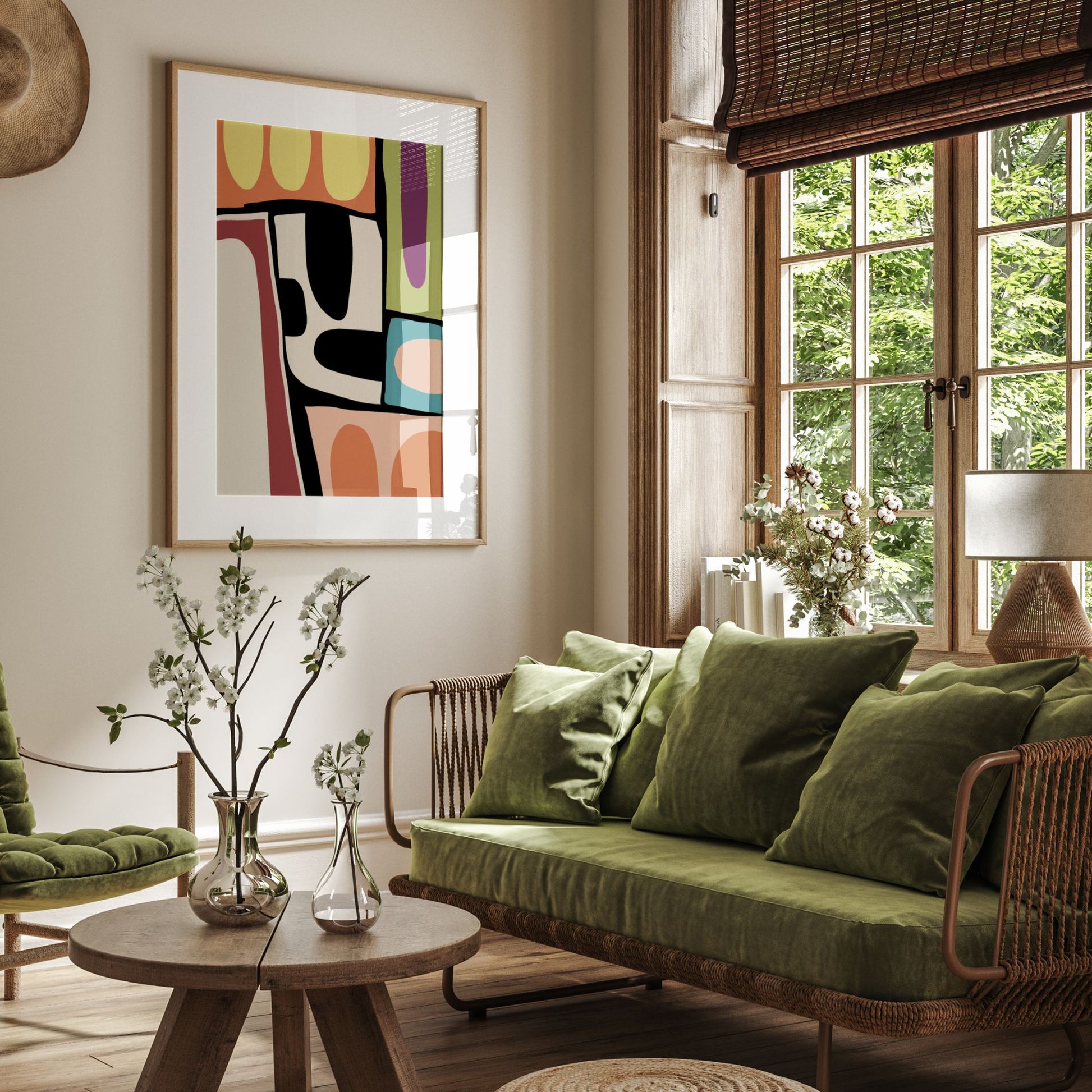 Organic Mosaic No1 plakat over grønn sofa i varm og moderne stue