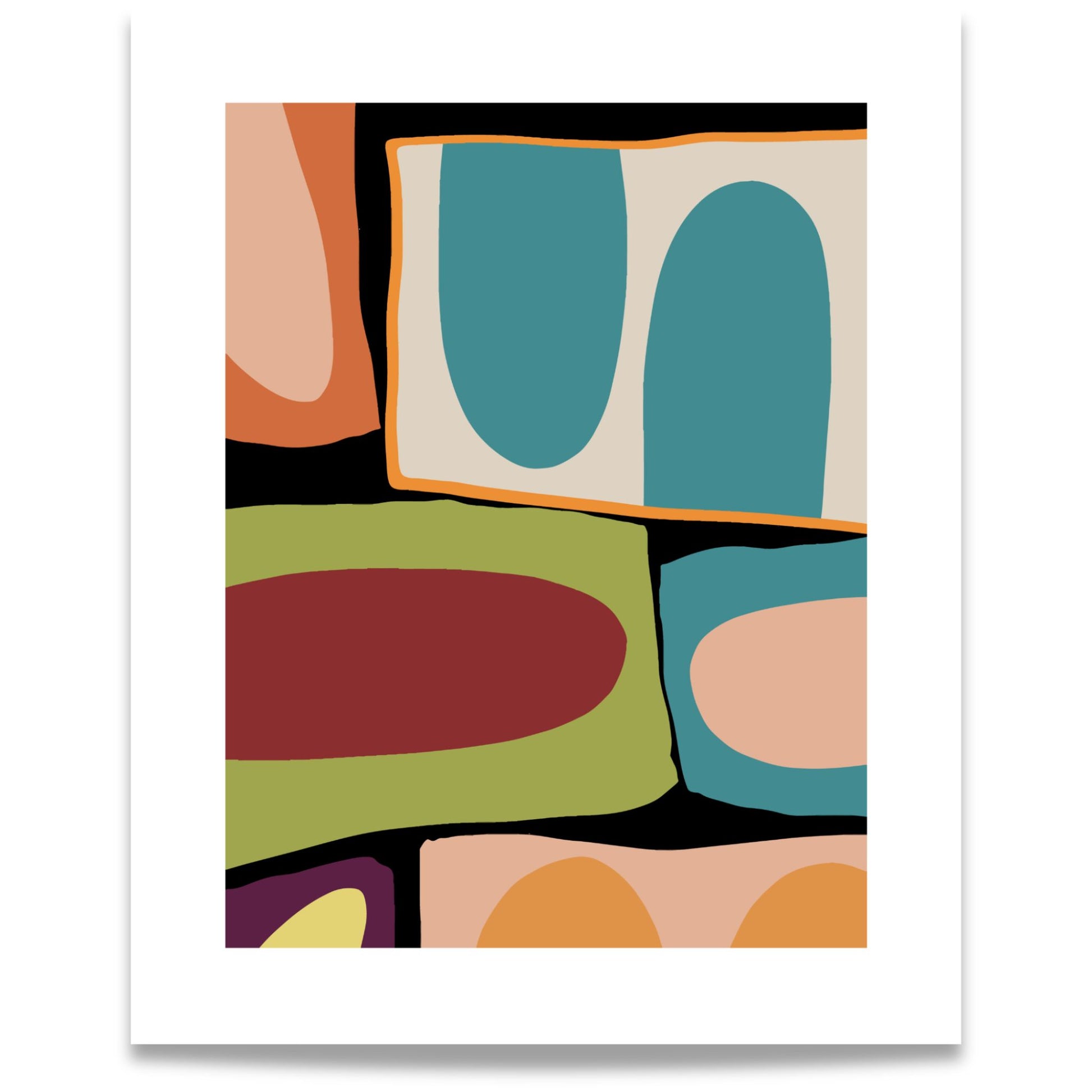 Organic Mosaic No3 abstrakt plakat med organiske former i turkis, terrakotta og jordtoner 40x50