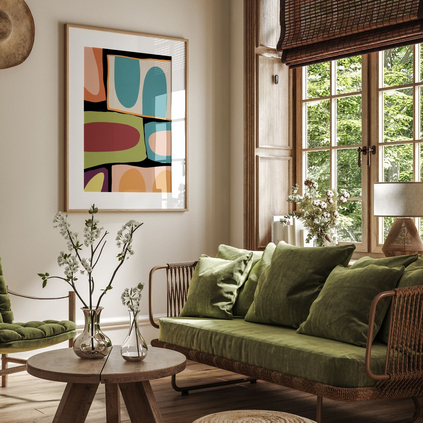 Organic Mosaic No3 plakat i varm stue med grønn sofa og naturlige materialer