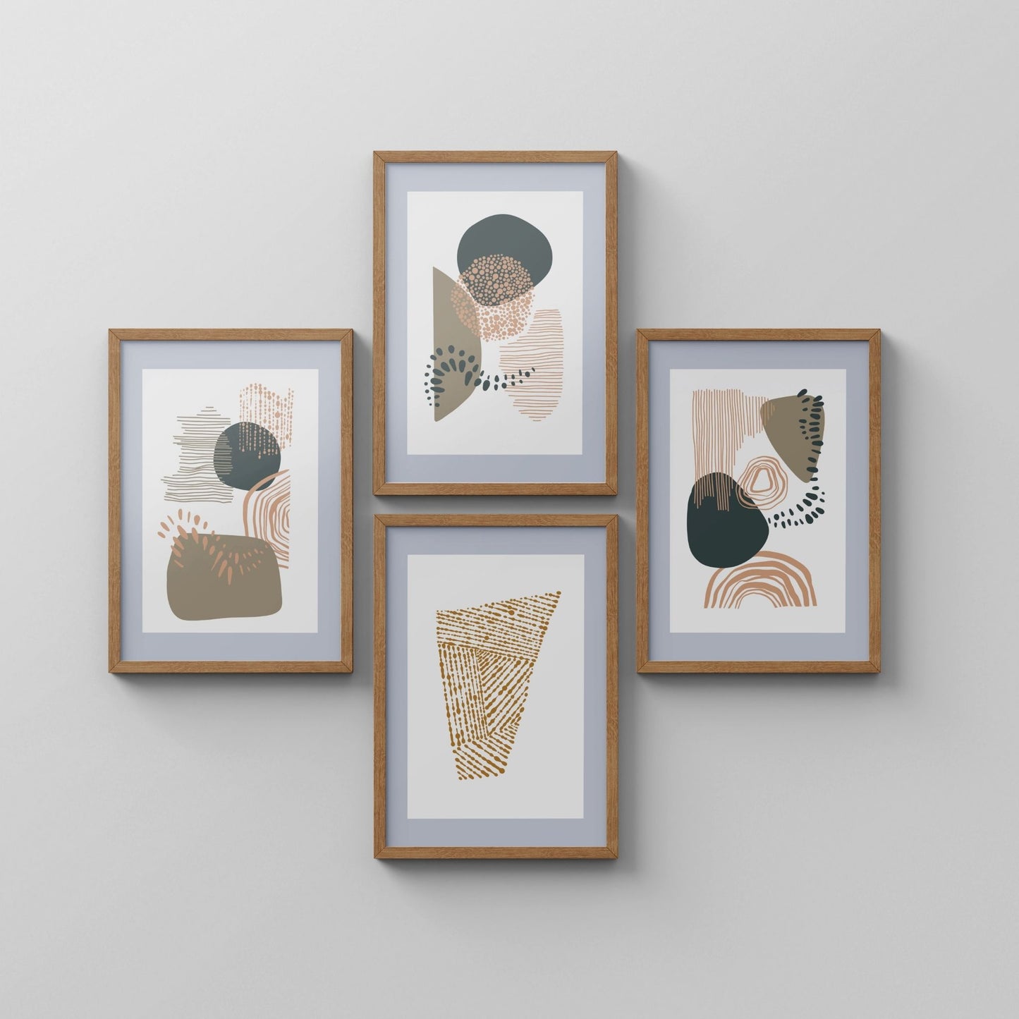 Organic Patterns Collection med fire grafiske plakater arrangert i dekorativt kryssoppsett