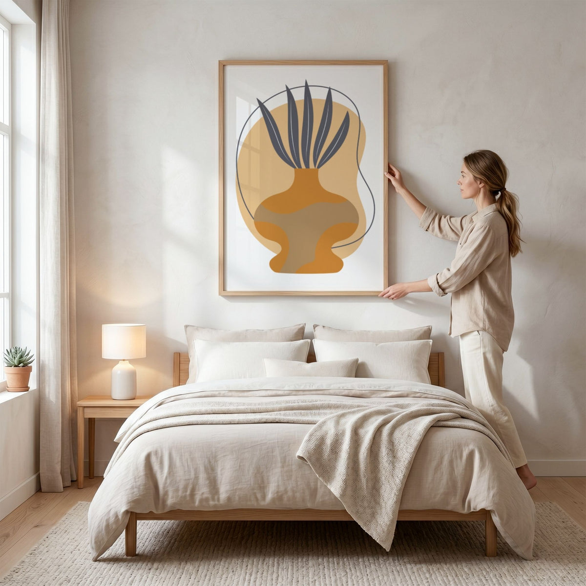 Organic Vessel Boho Wall Art-plakat med organisk vase og botaniske former i lyst soverom