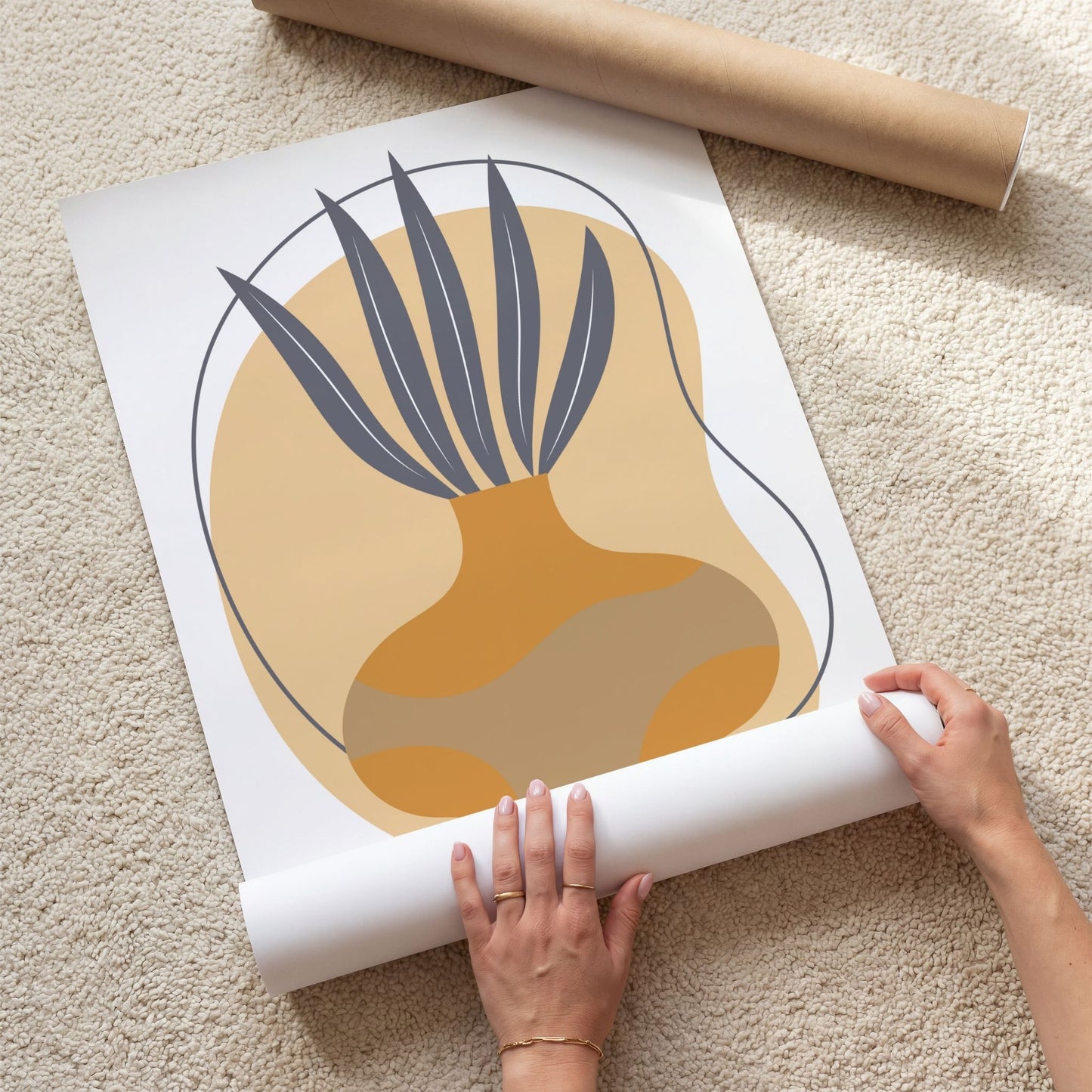 Organic Vessel grafisk boho-plakat med stilisert vase, lange blader og organiske former