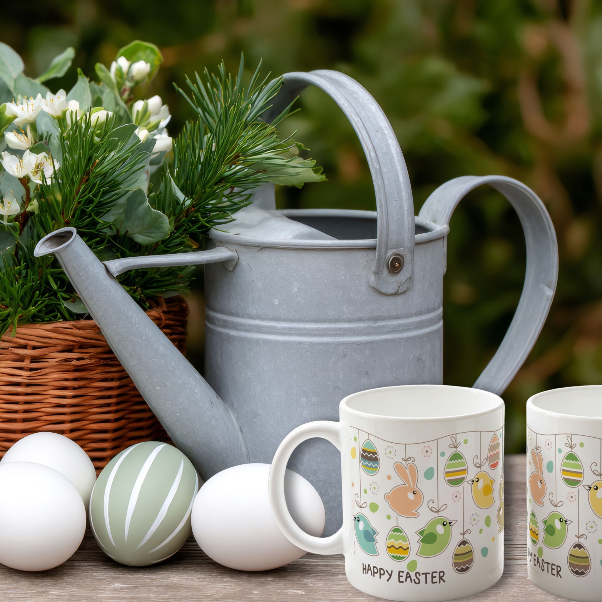Påskekrus i vårmiljø med påskeegg og grønn dekor