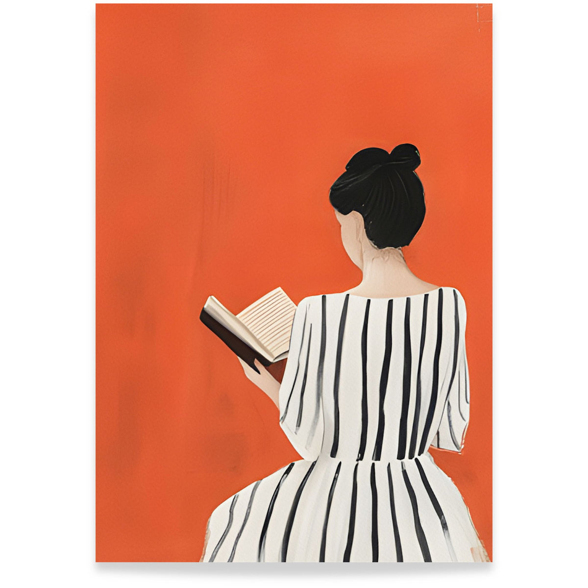 Pages in Orange kunstplakat med lesende kvinne mot intens oransje bakgrunn