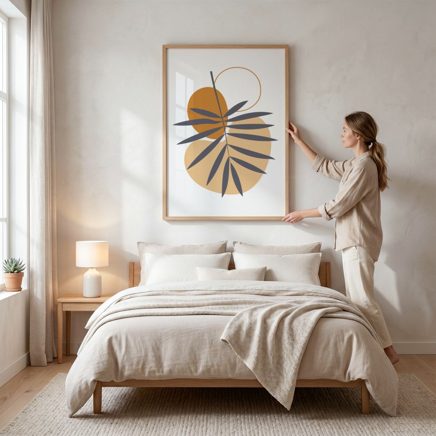 Palm Balance Boho Wall Art-plakat i eikeramme over seng i lyst nordisk soverom