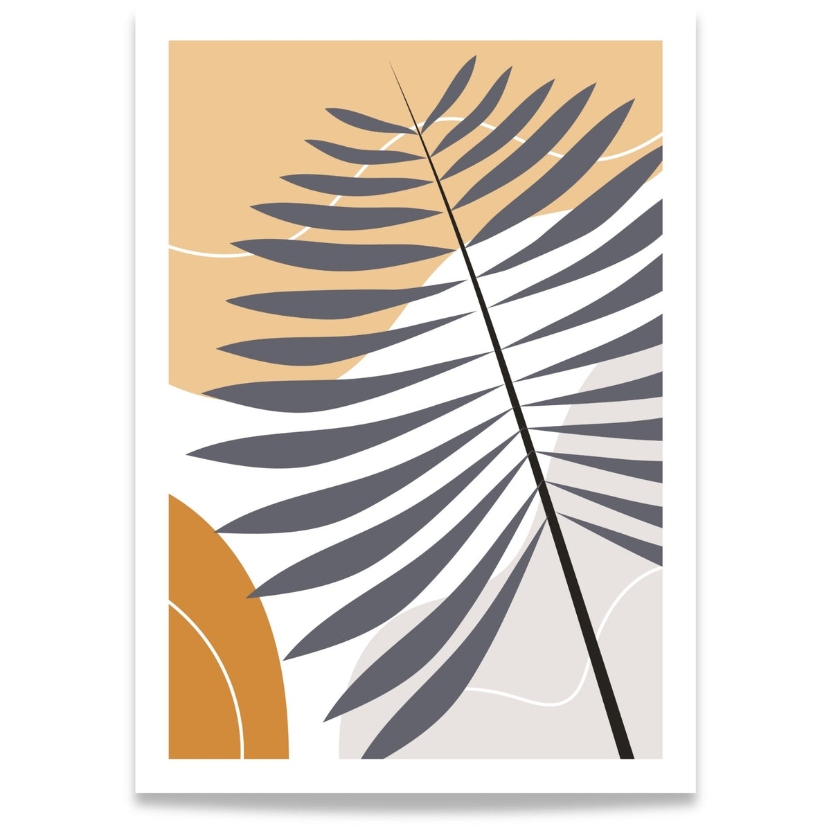 Palm Shadow grafisk Boho Wall Art-plakat med stilisert palmeblad i grått, sand, oker og beige