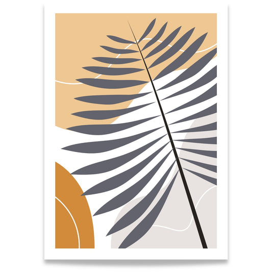 Palm Shadow grafisk Boho Wall Art-plakat med stilisert palmeblad i grått, sand, oker og beige