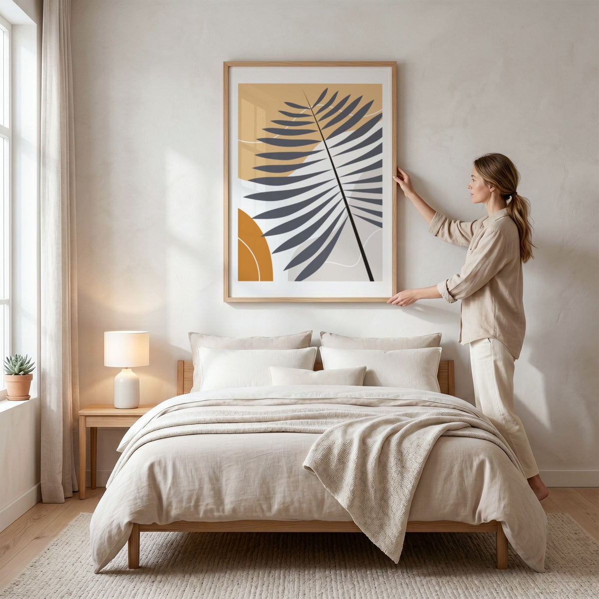 Palm Shadow Boho Wall Art-plakat med stilisert palmeblad i eikeramme over seng