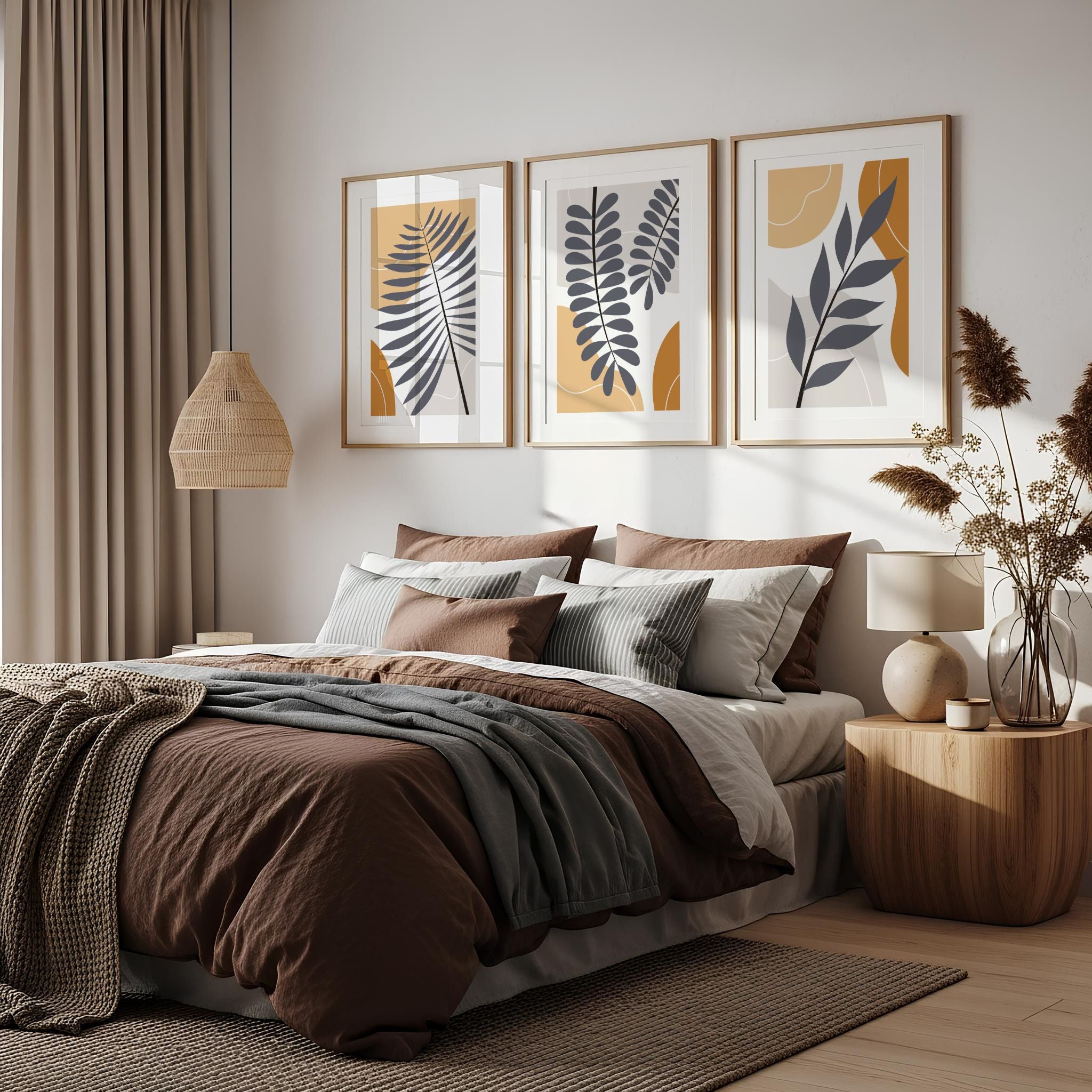 Palm Shadow, Botanical Rhythm og Quiet Branch Boho Wall Art TRIO over seng