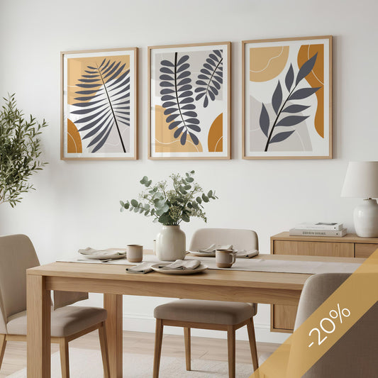 Palm Shadow, Botanical Rhythm og Quiet Branch botanisk plakat-trio over spisebord – 20 % rabatt