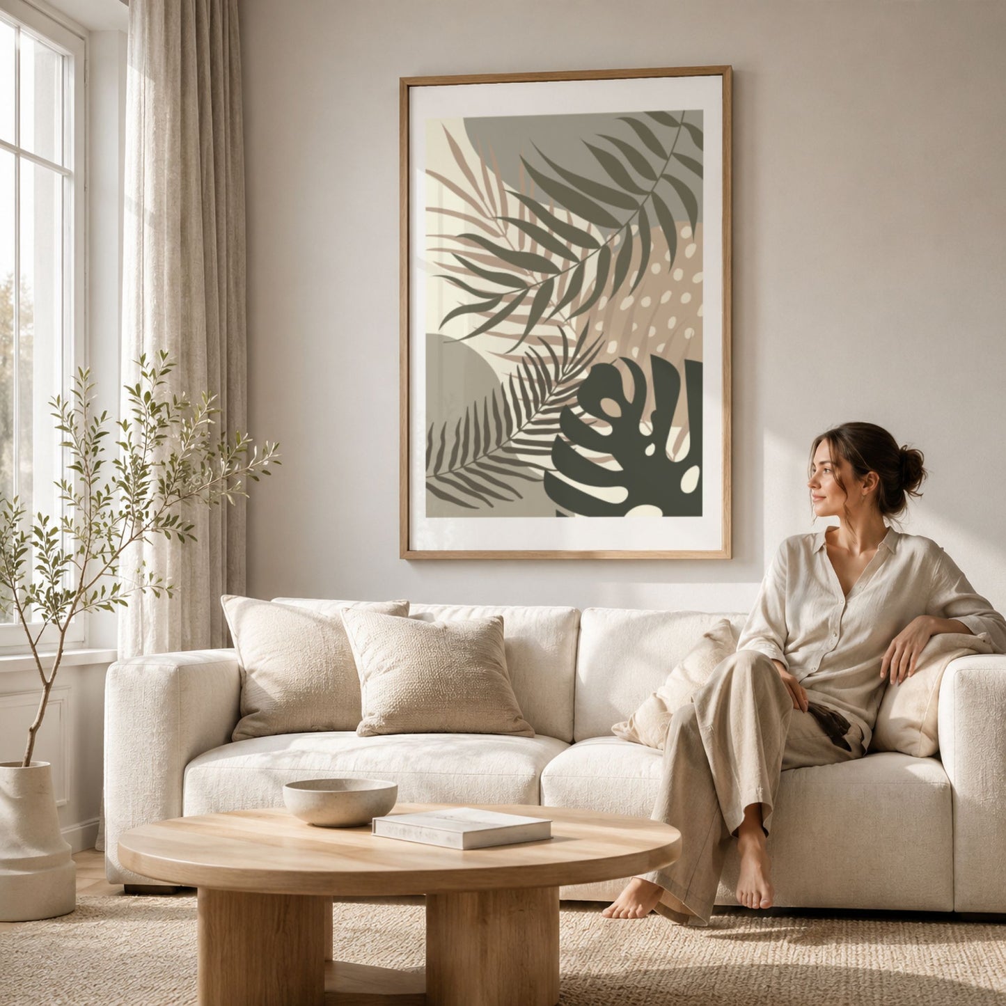 Palm Whisper grafisk botanisk plakat i eikeramme over lys sofa i stue